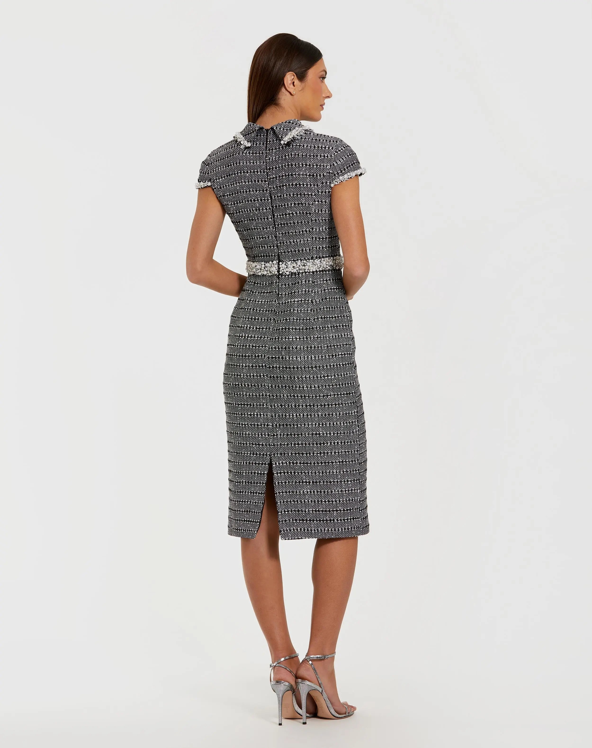 Black Embellished Cap Sleeve Boucle Midi Dress-Myartka