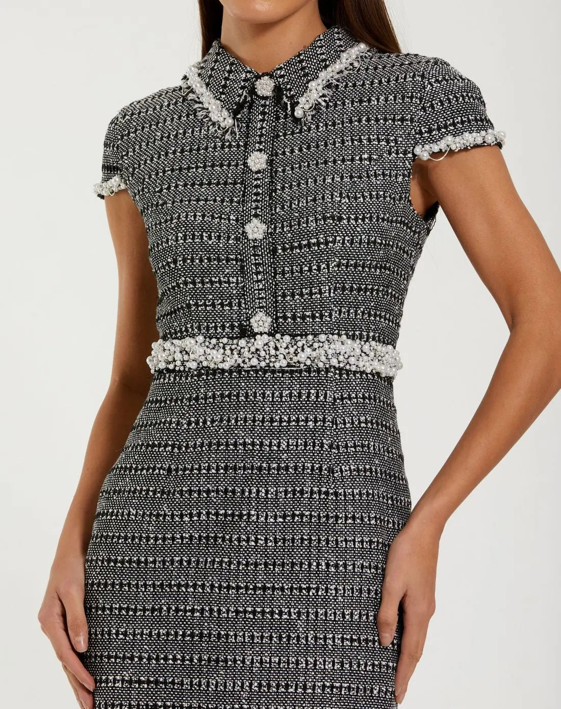 Black Embellished Cap Sleeve Boucle Midi Dress-Myartka