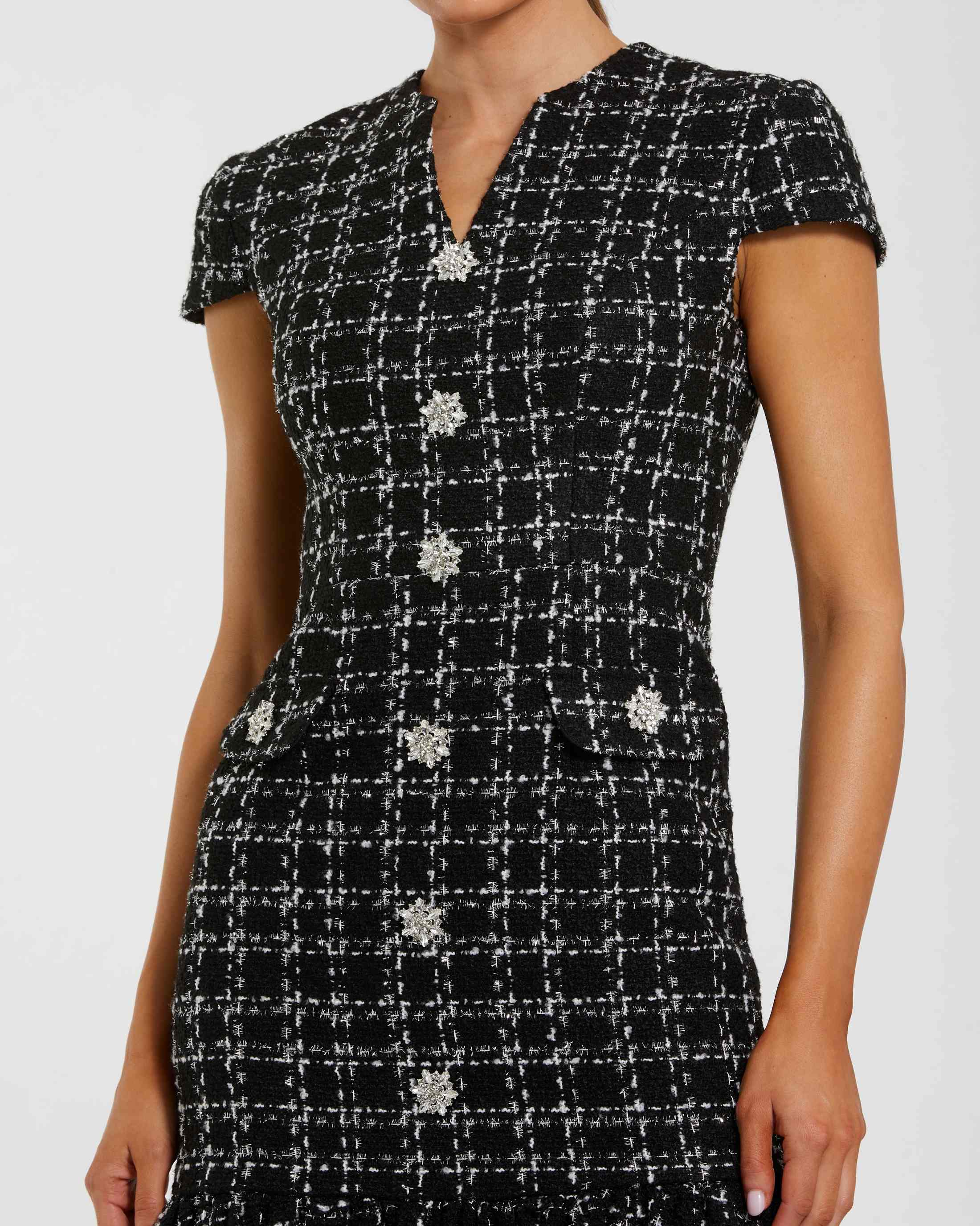 Black Cap Sleeve Boucle A Line Midi Dress-Myartka