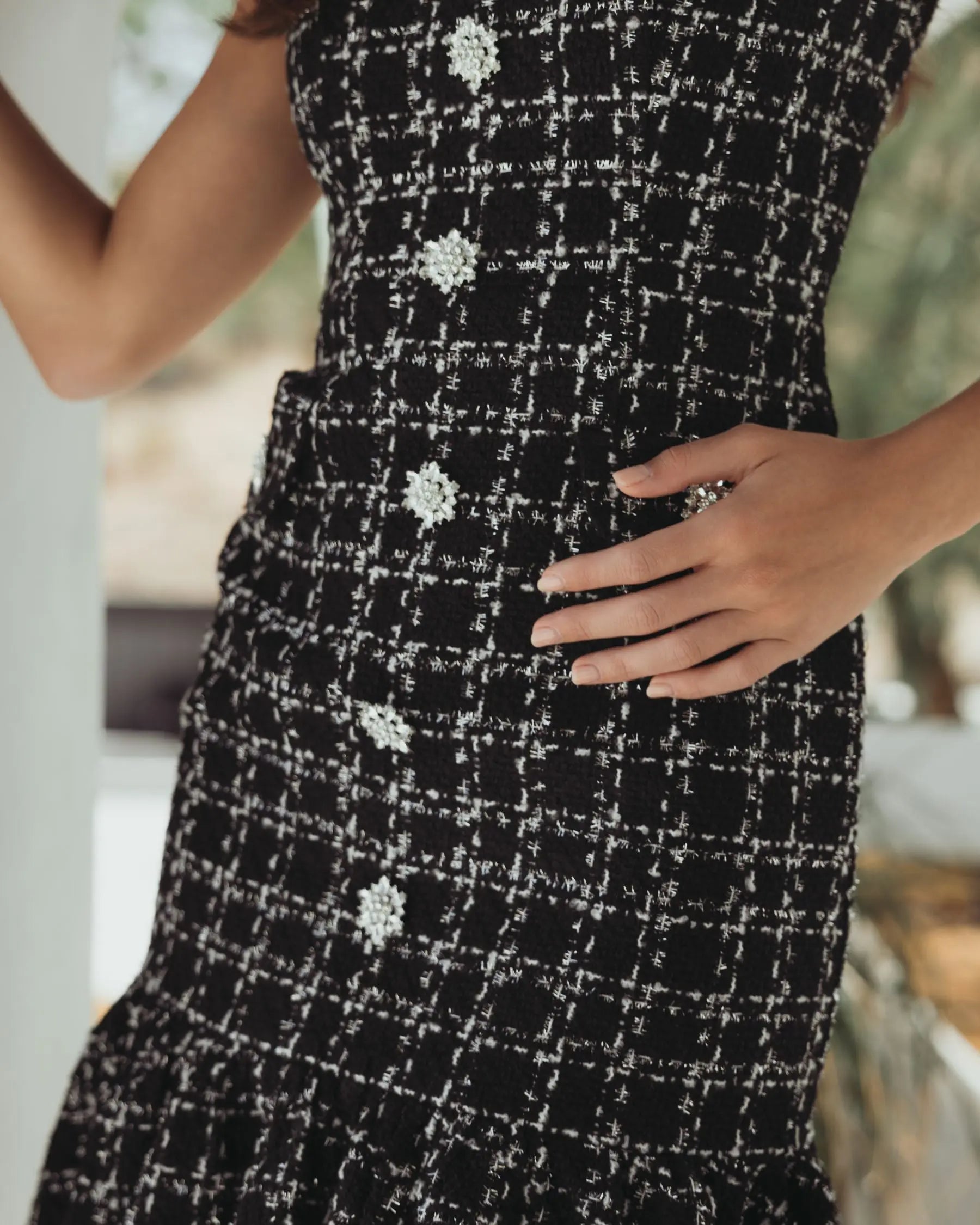 Black Cap Sleeve Boucle A Line Midi Dress-Myartka