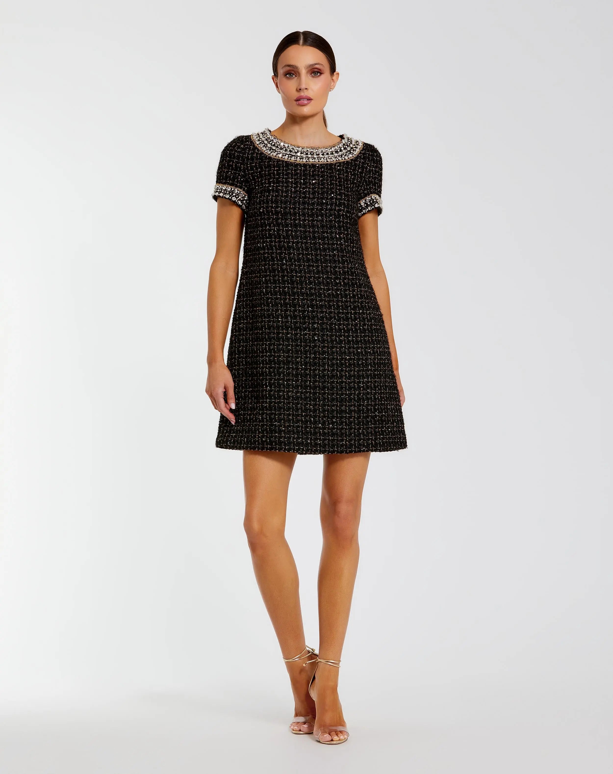 Black Short Sleeve Embellished Boucle Mini Dress-Myartka