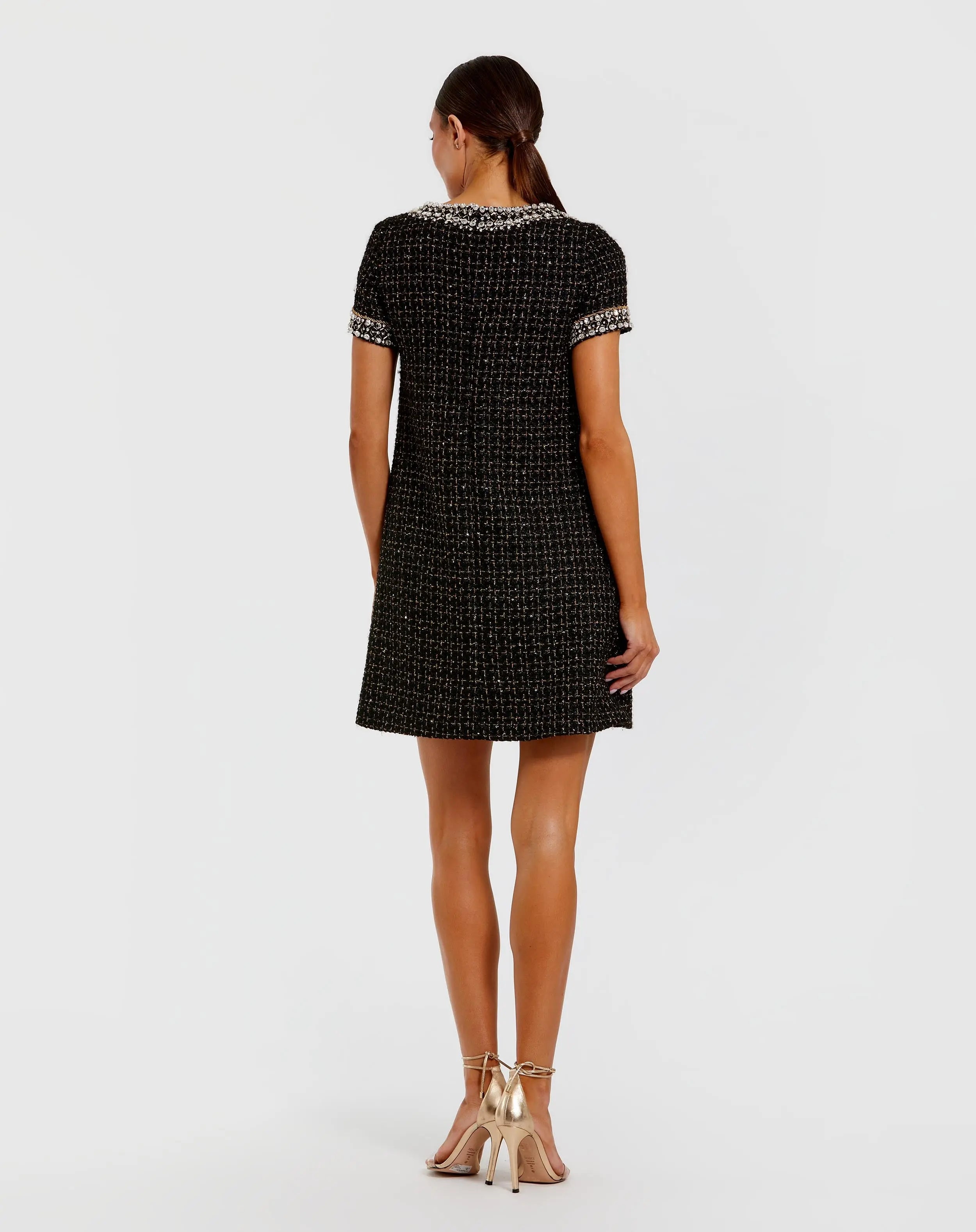 Black Short Sleeve Embellished Boucle Mini Dress-Myartka