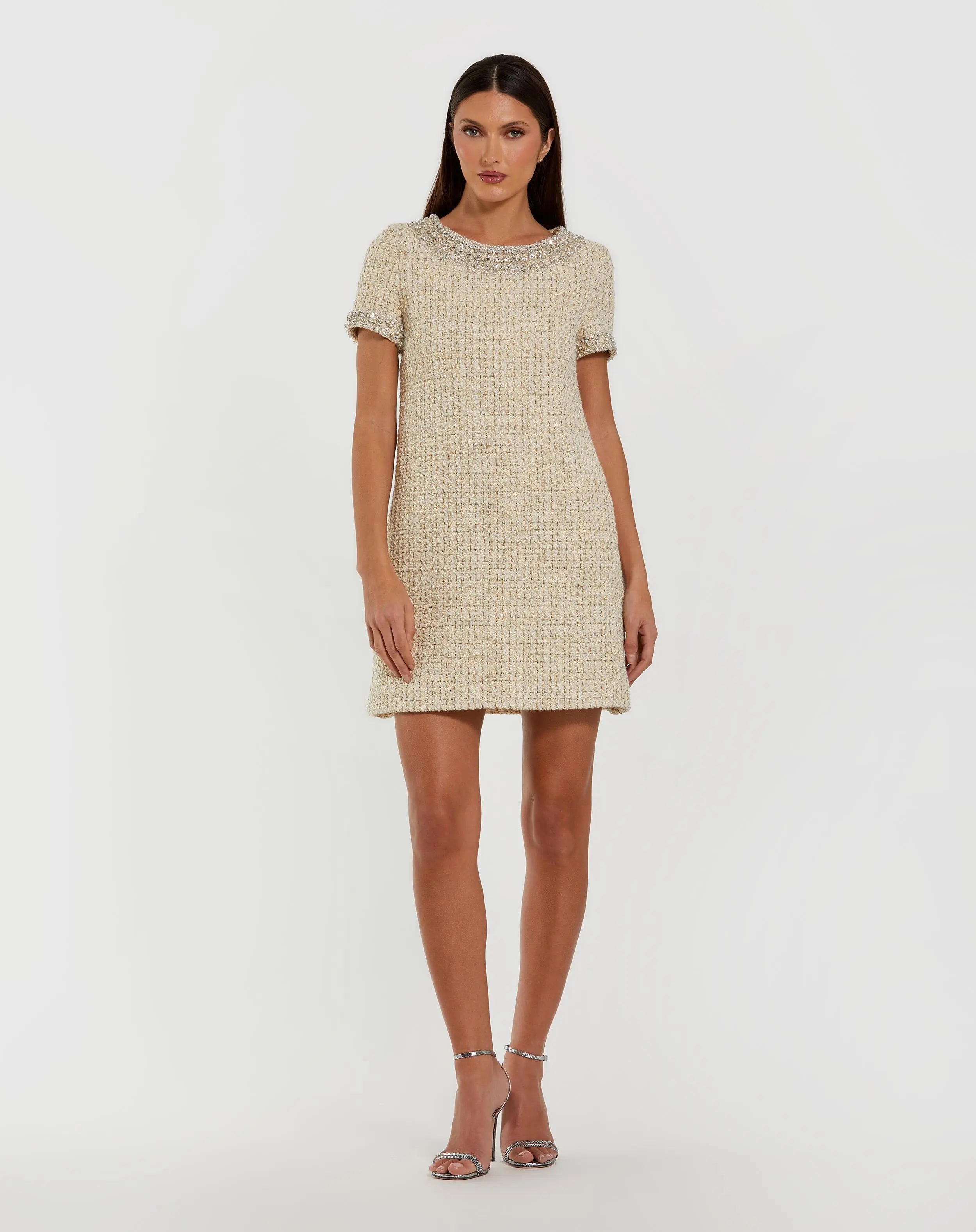 Ivory Short Sleeve Embellished Boucle Mini Dress-Myartka