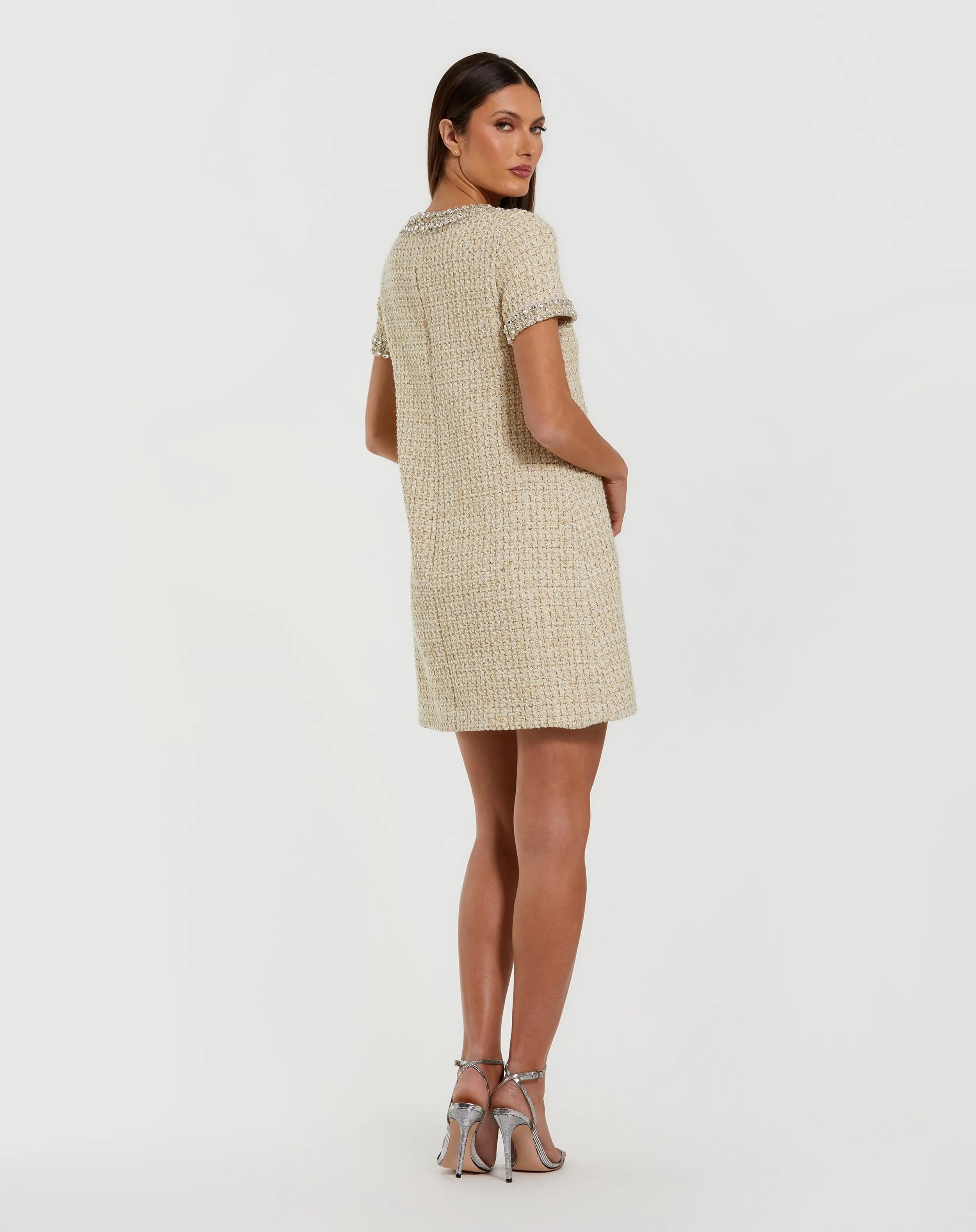 Ivory Short Sleeve Embellished Boucle Mini Dress-Myartka