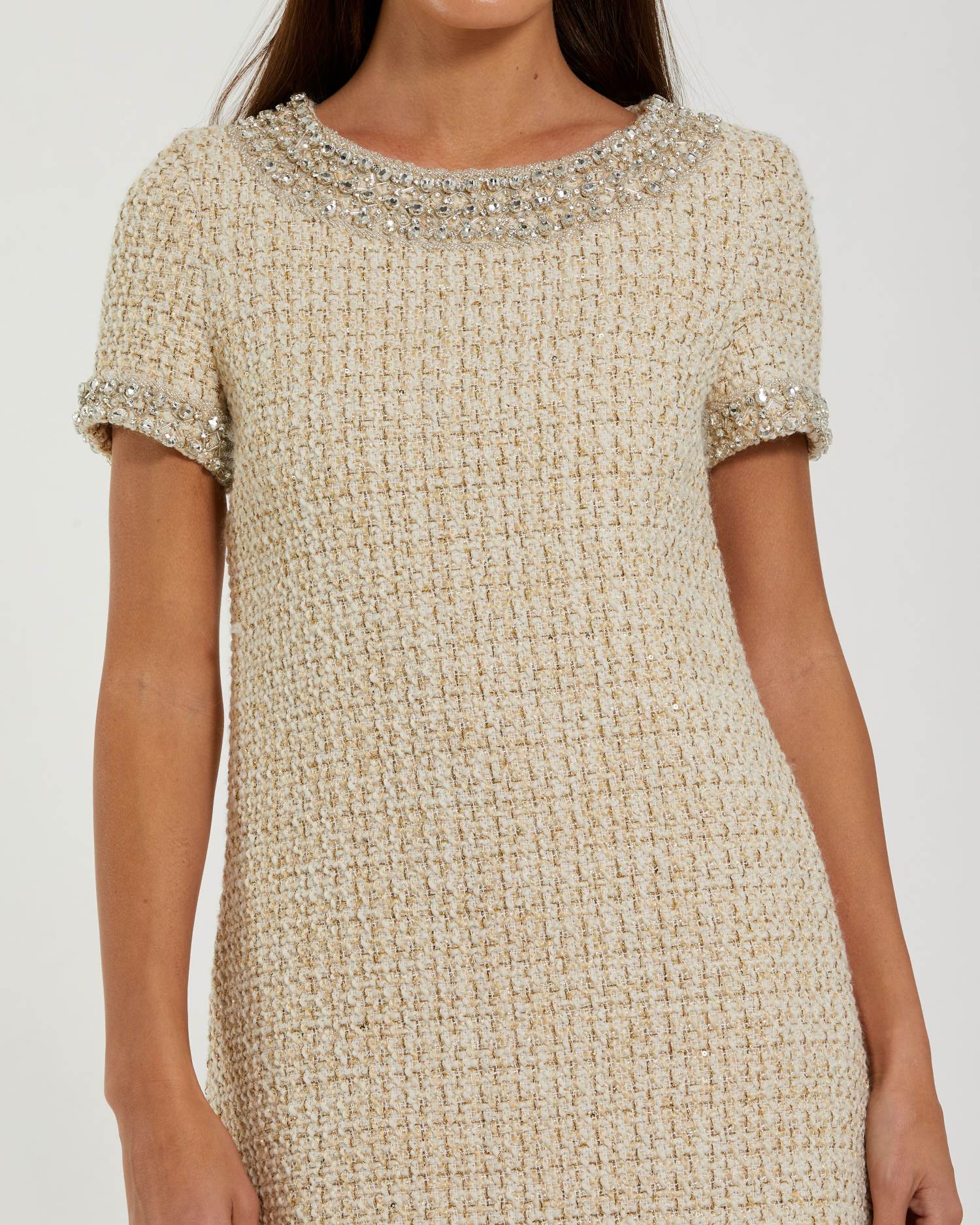 Ivory Short Sleeve Embellished Boucle Mini Dress-Myartka
