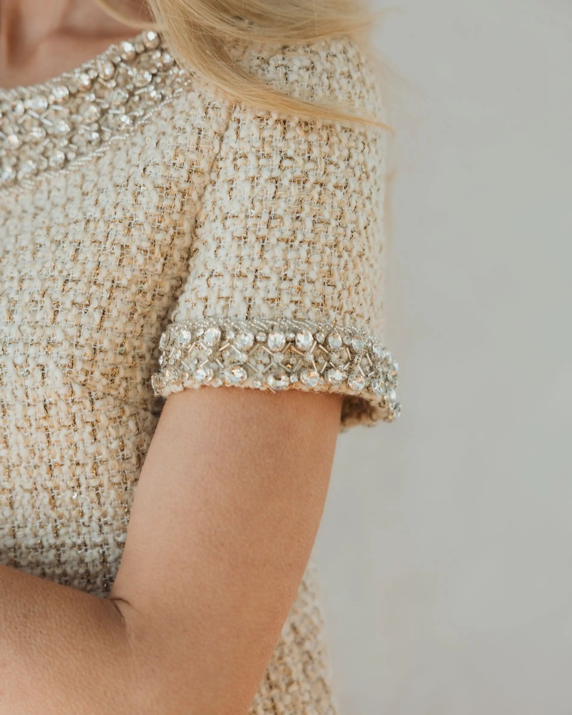 Ivory Short Sleeve Embellished Boucle Mini Dress-Myartka