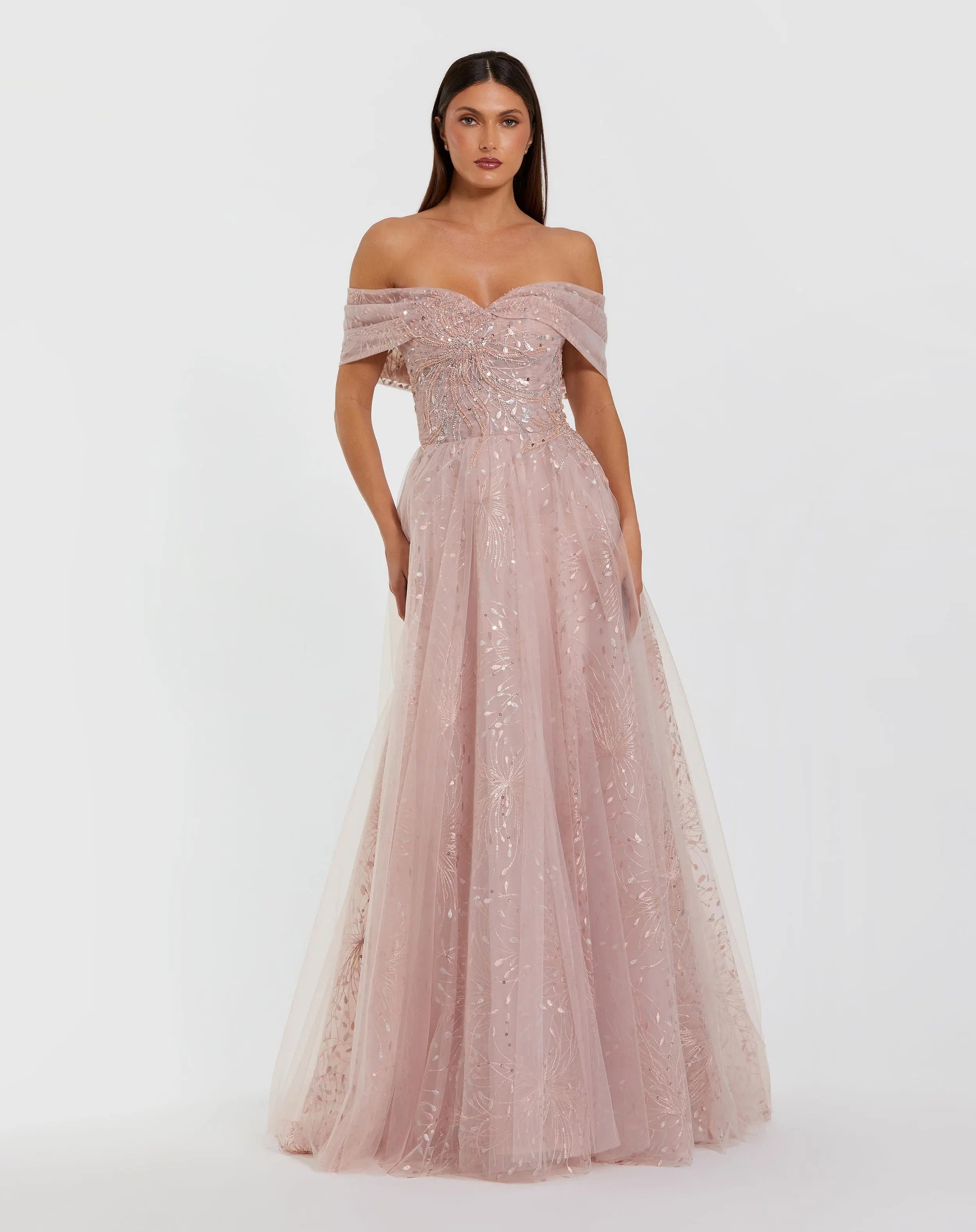 Pink Embroidered Tulle Off The Shoulder Ball Gown-Myartka