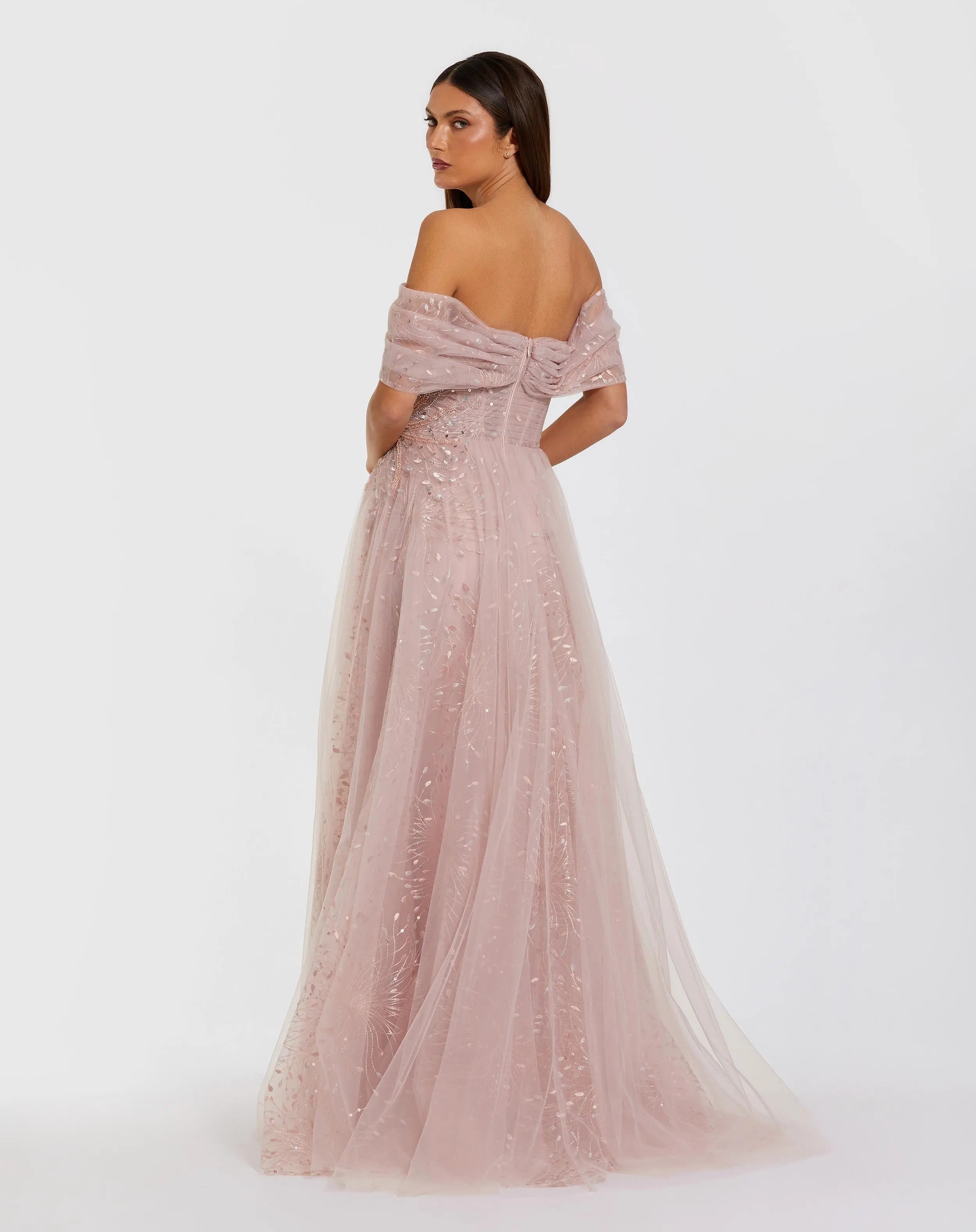 Pink Embroidered Tulle Off The Shoulder Ball Gown-Myartka