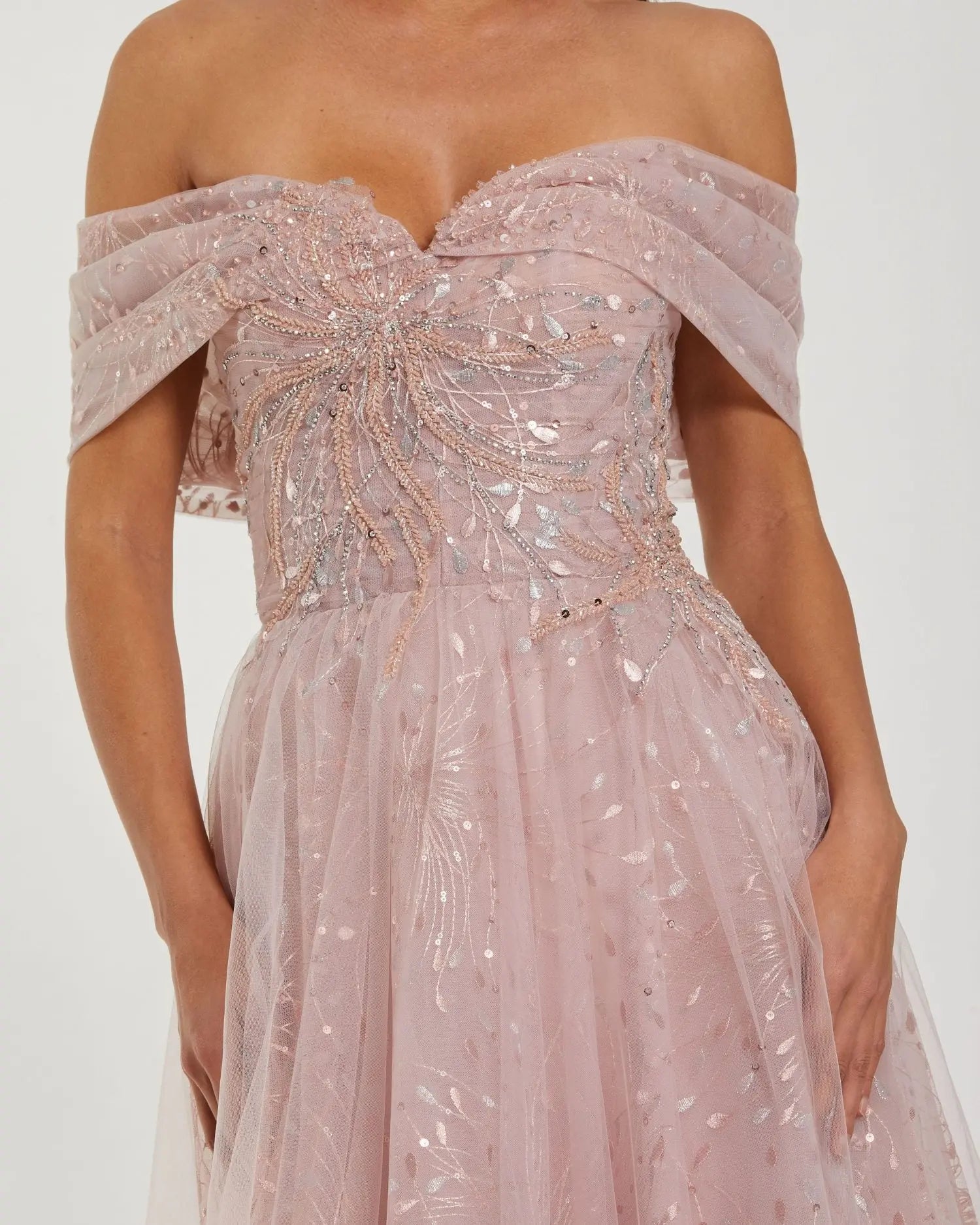 Pink Embroidered Tulle Off The Shoulder Ball Gown-Myartka