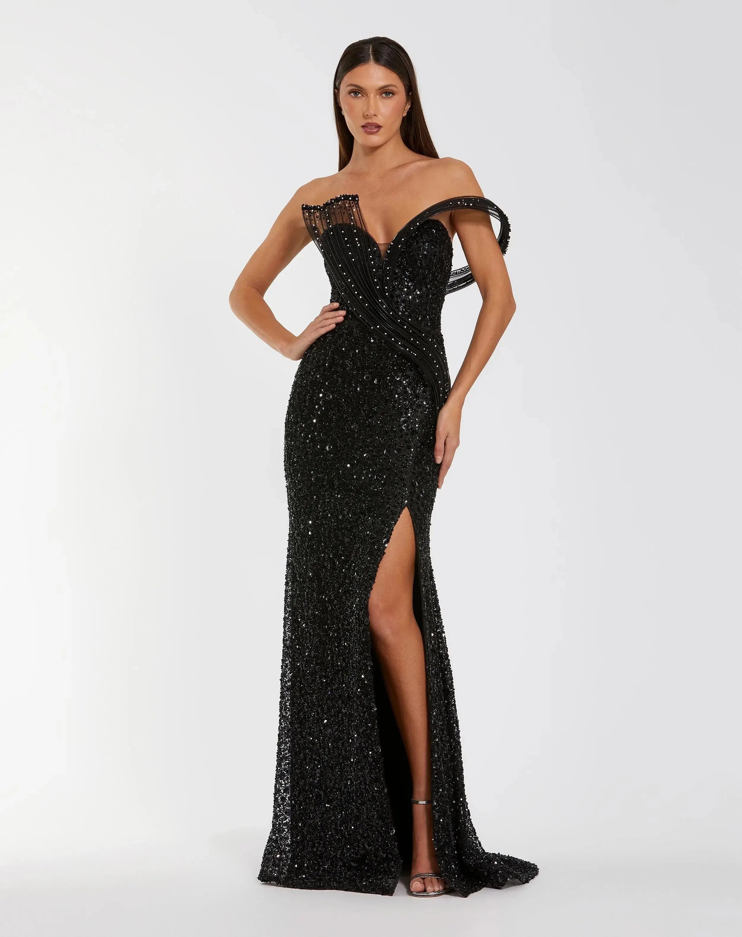 Black Embellished Strapless Gown With Sculptural Drape-Myartka