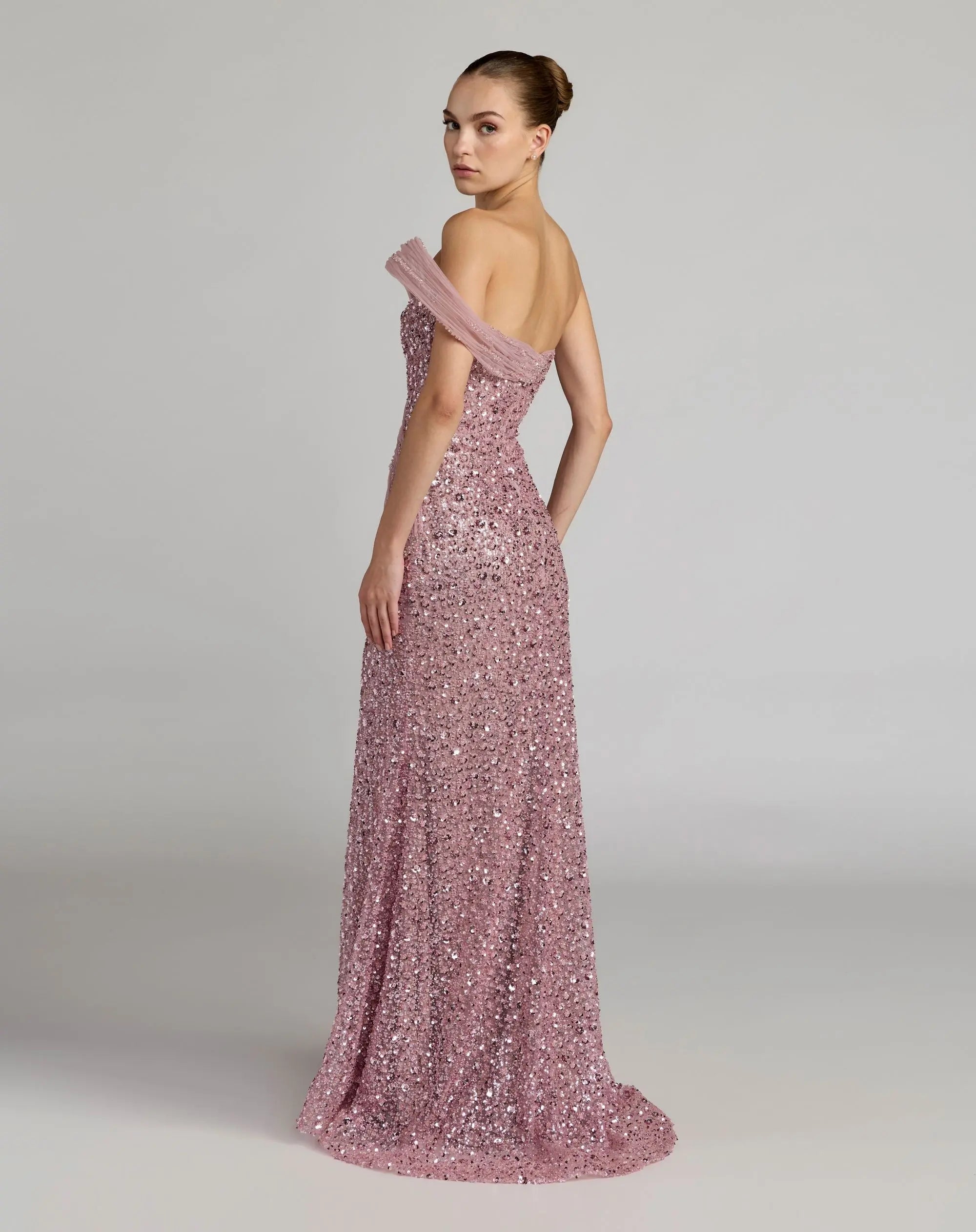 Pink Embellished Strapless Gown With Sculptural Drape-Myartka