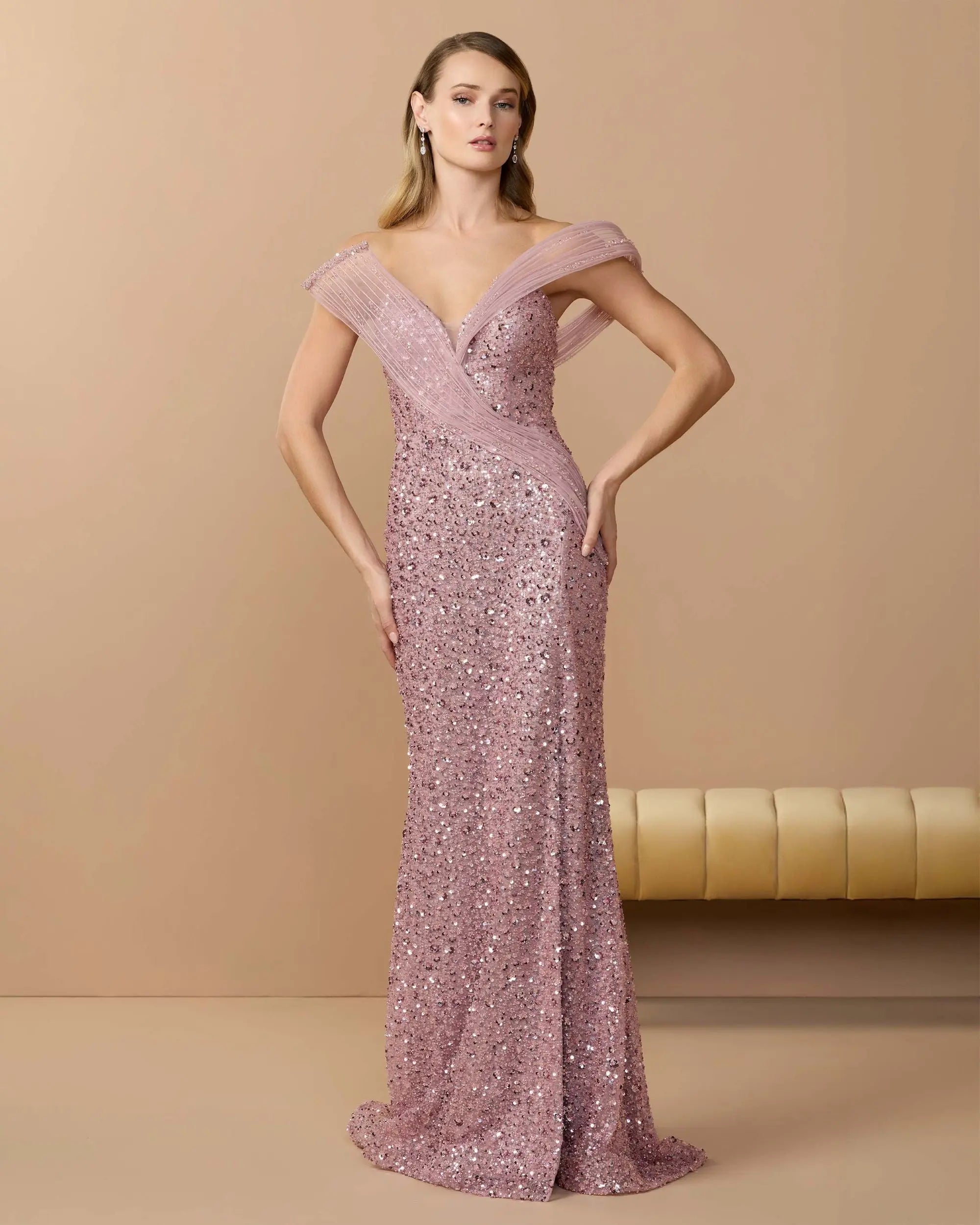 Pink Embellished Strapless Gown With Sculptural Drape-Myartka