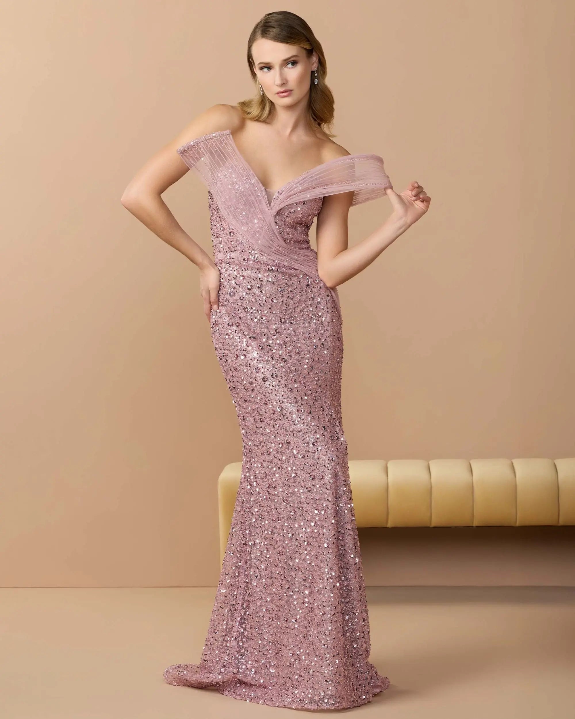 Pink Embellished Strapless Gown With Sculptural Drape-Myartka
