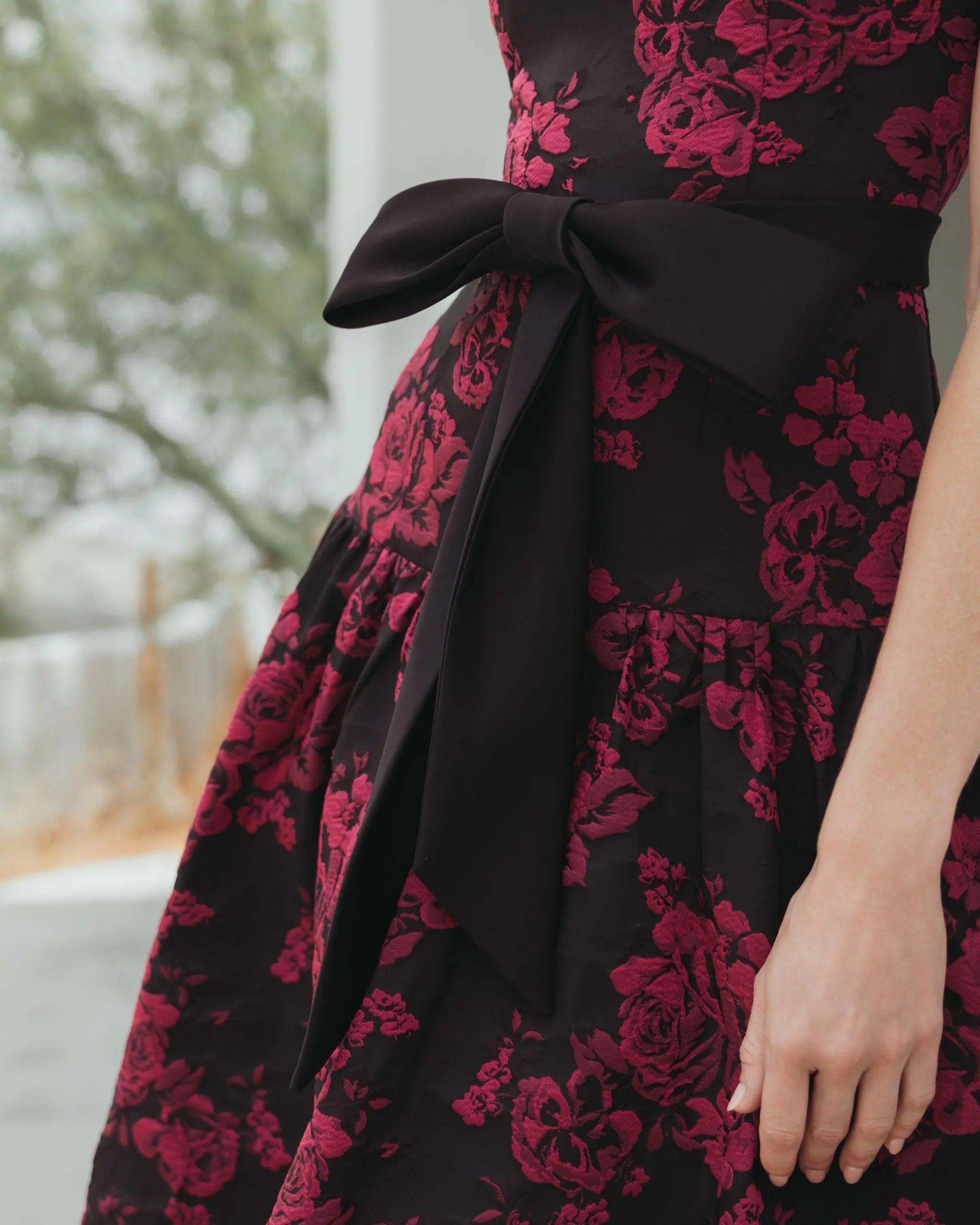 Black Brocade Drop Waist Midi Dress With Satin Bow-Myartka