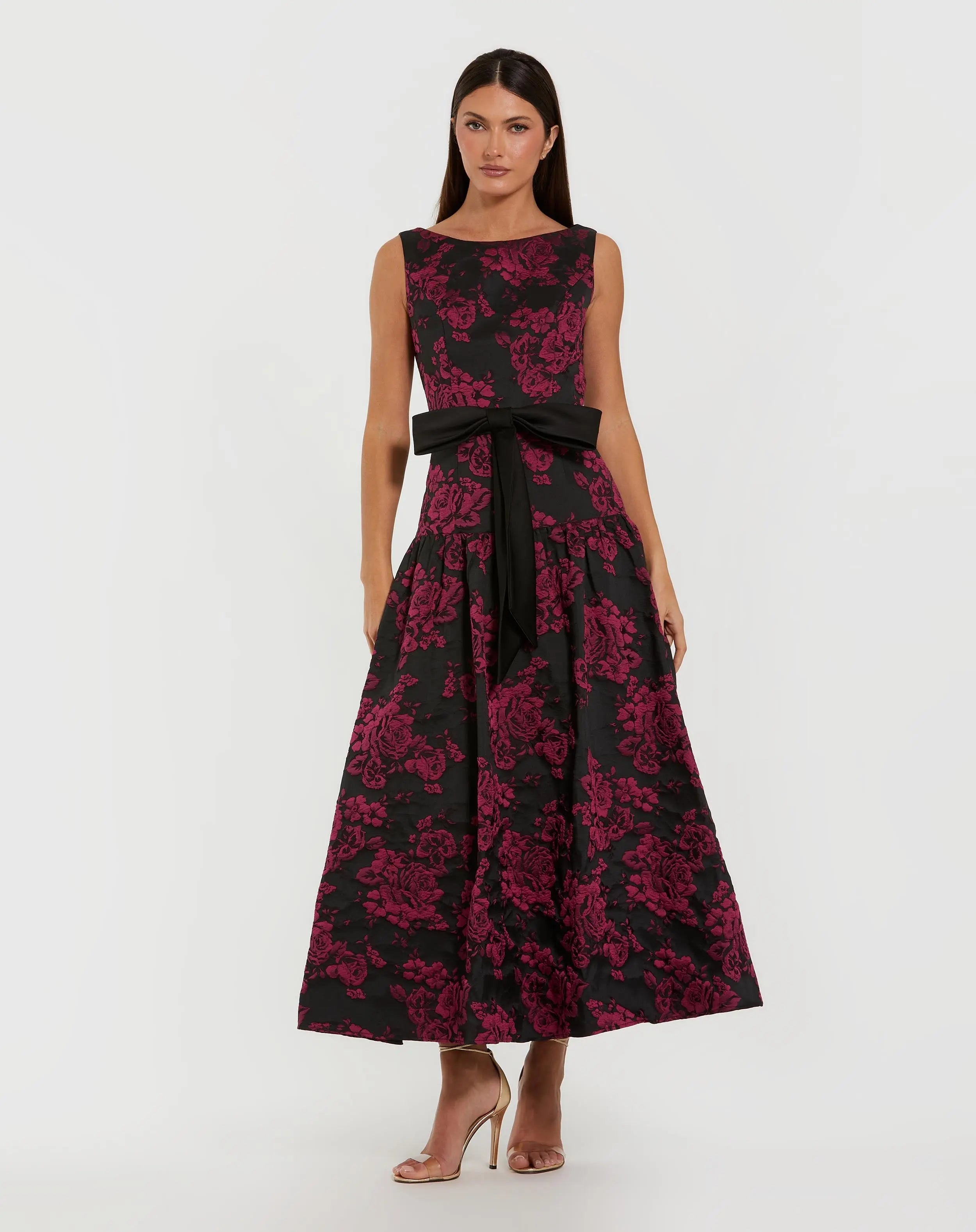 Black Brocade Drop Waist Midi Dress With Satin Bow-Myartka