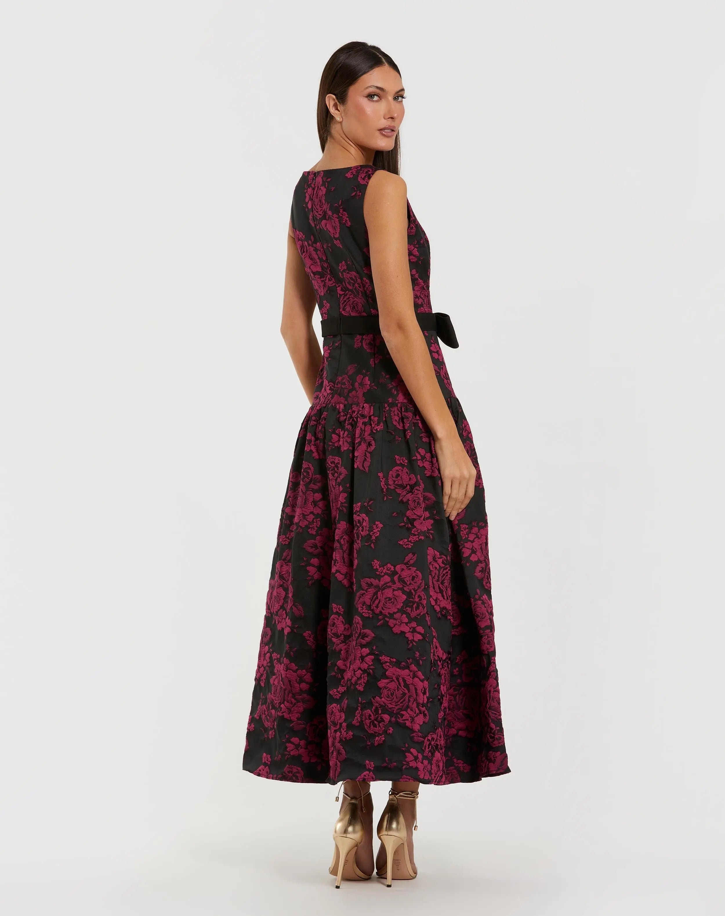 Black Brocade Drop Waist Midi Dress With Satin Bow-Myartka