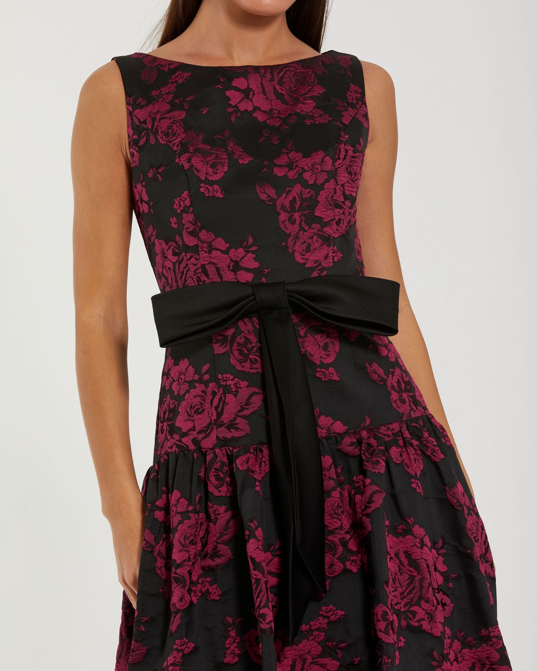 Black Brocade Drop Waist Midi Dress With Satin Bow-Myartka