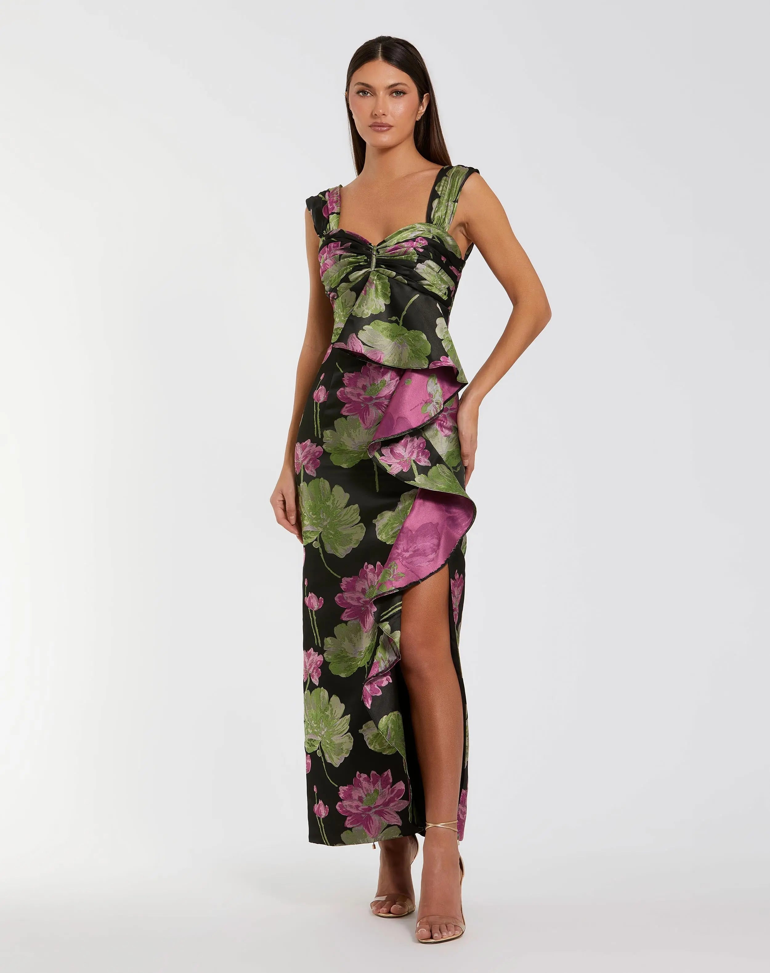 Black Sleeveless Floral Maxi Dress With Ruffle Detail-Myartka
