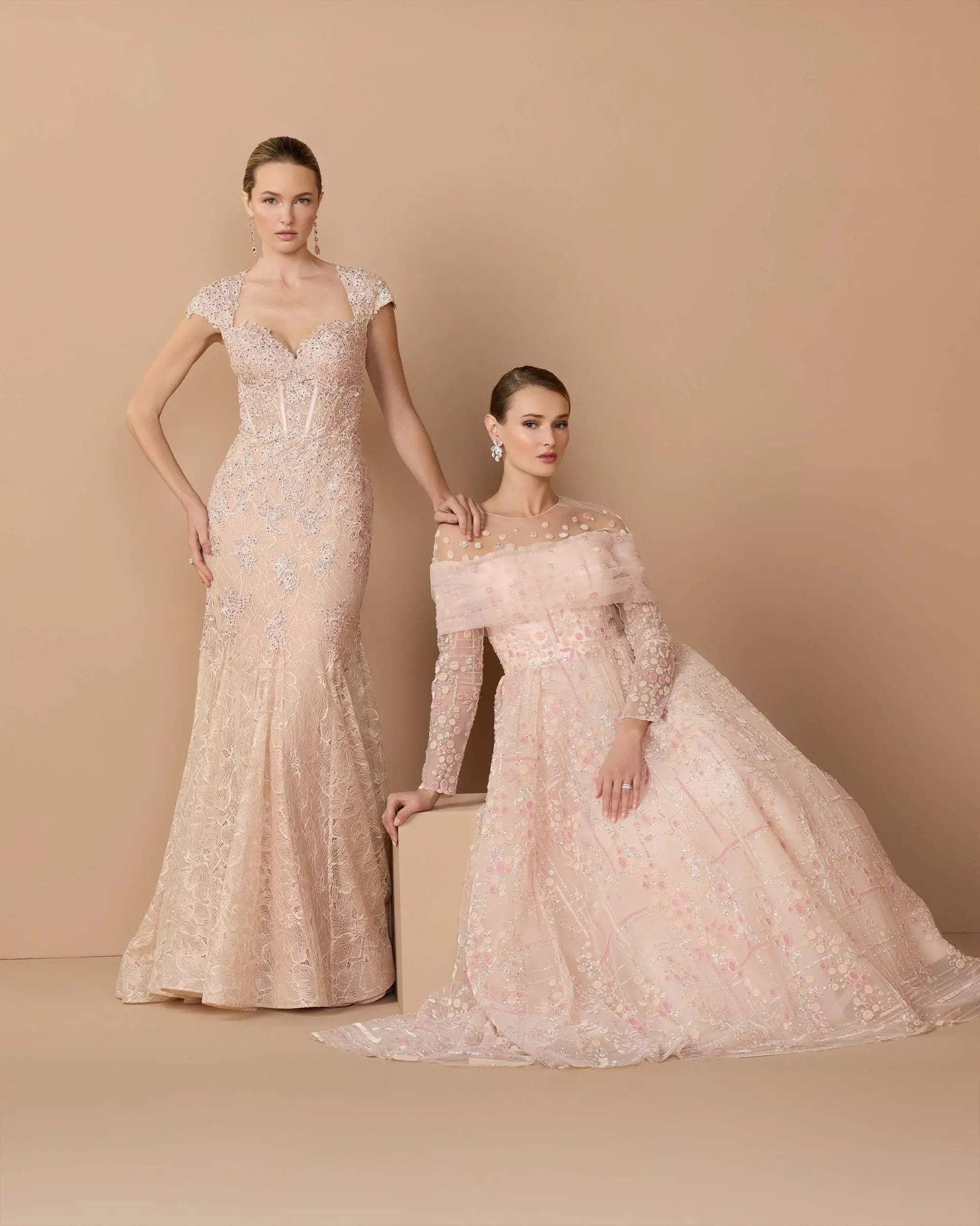 Pink Embroidered Lace Mermaid Gown With Cap Sleeves-Myartka
