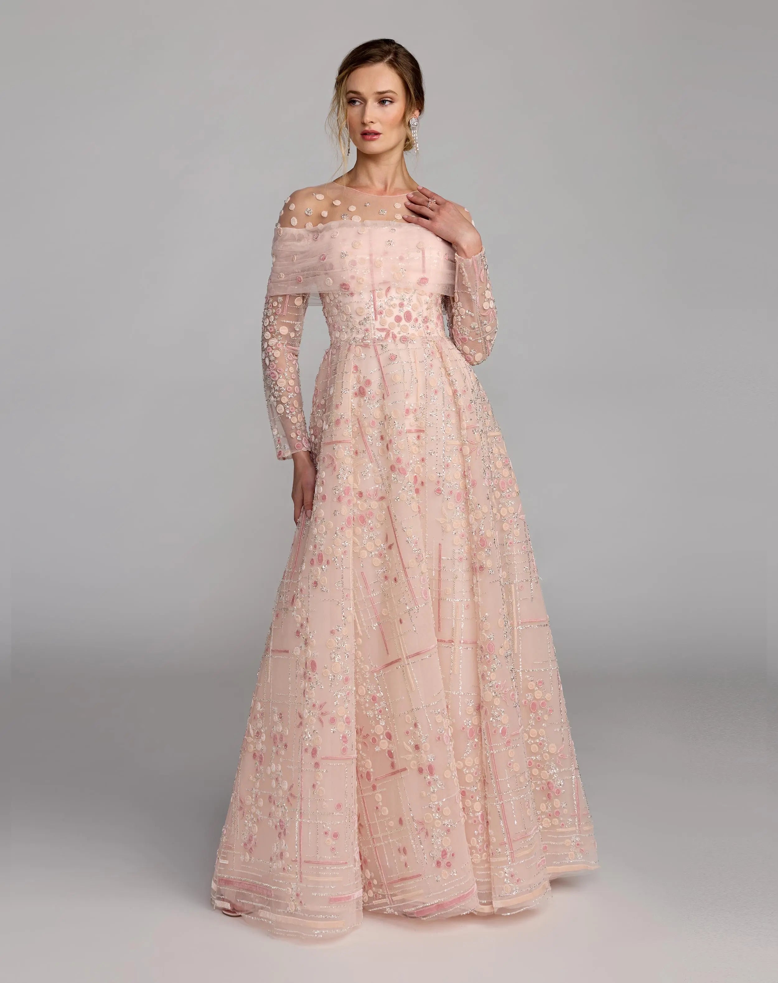 Pink Off The Shoulder Embellished Long Sleeve Ball Gown-Myartka
