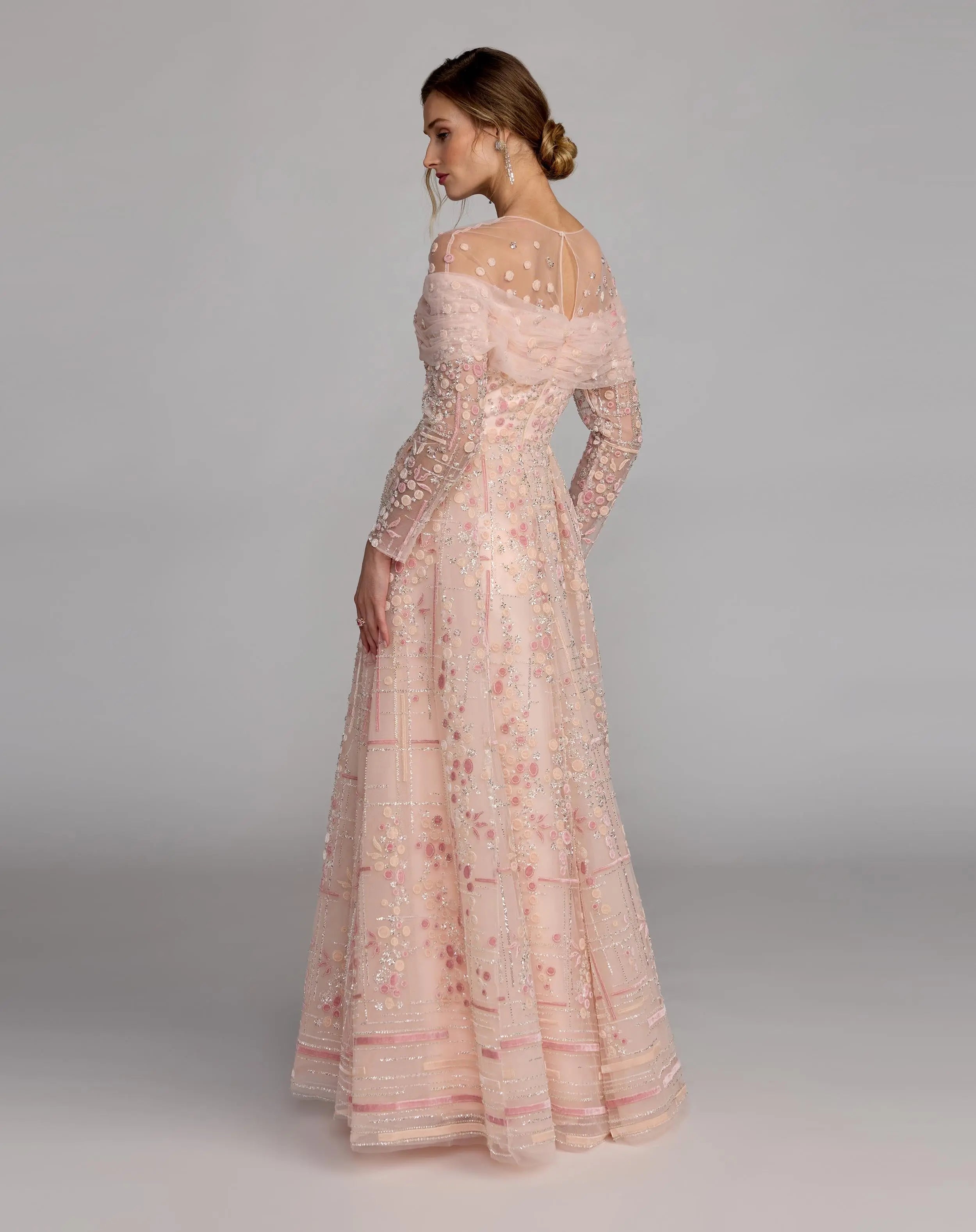 Pink Off The Shoulder Embellished Long Sleeve Ball Gown-Myartka