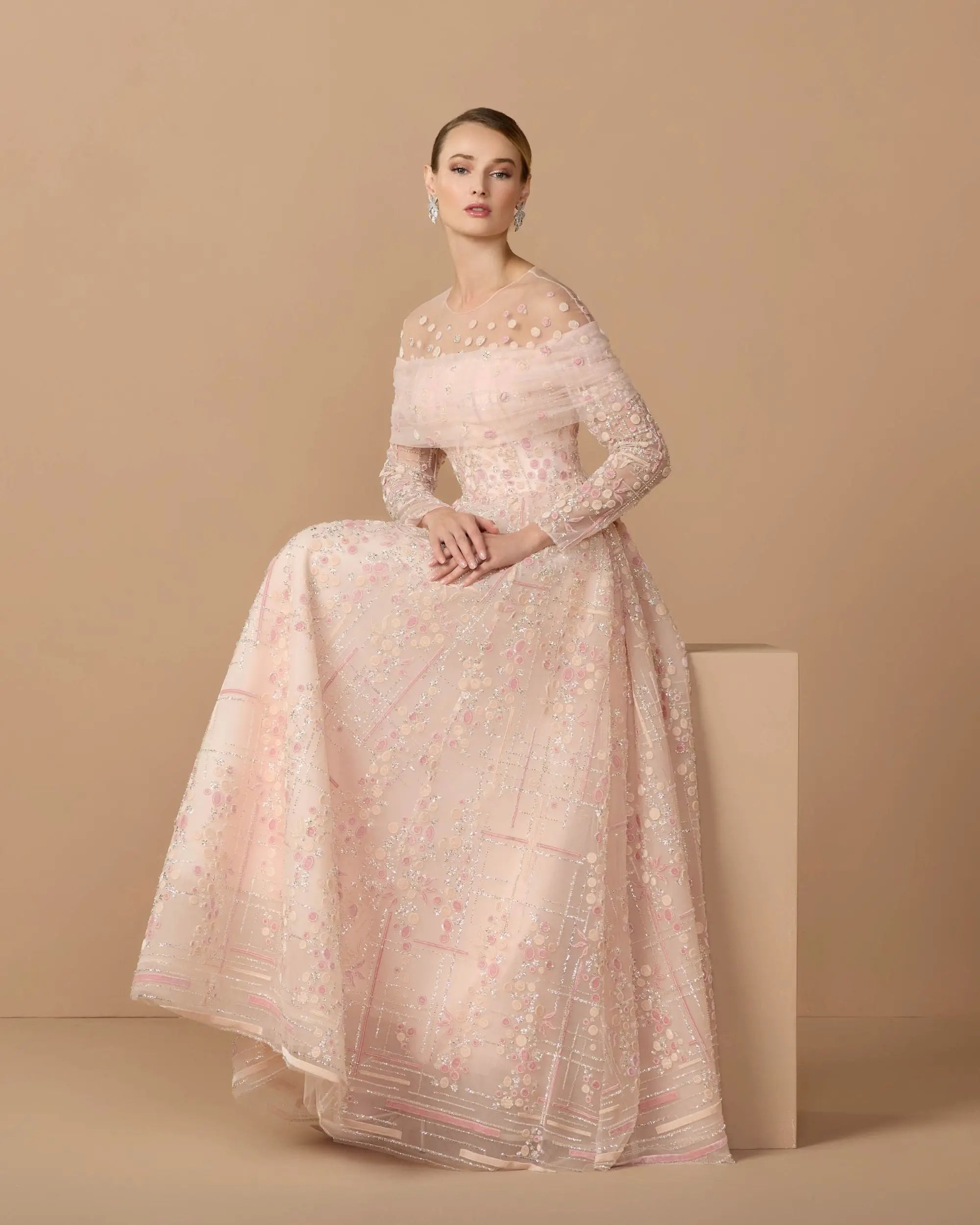Pink Off The Shoulder Embellished Long Sleeve Ball Gown-Myartka