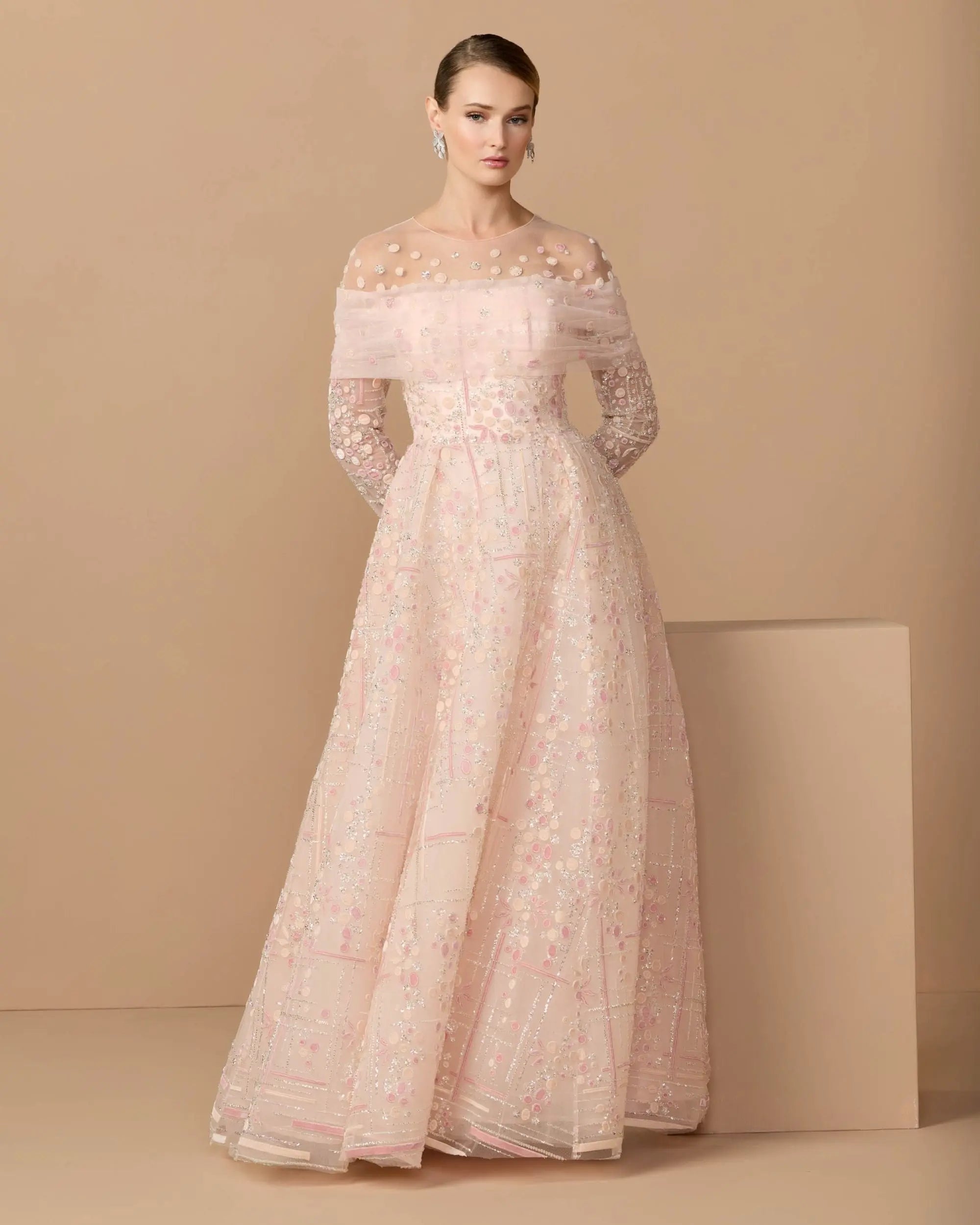 Pink Off The Shoulder Embellished Long Sleeve Ball Gown-Myartka