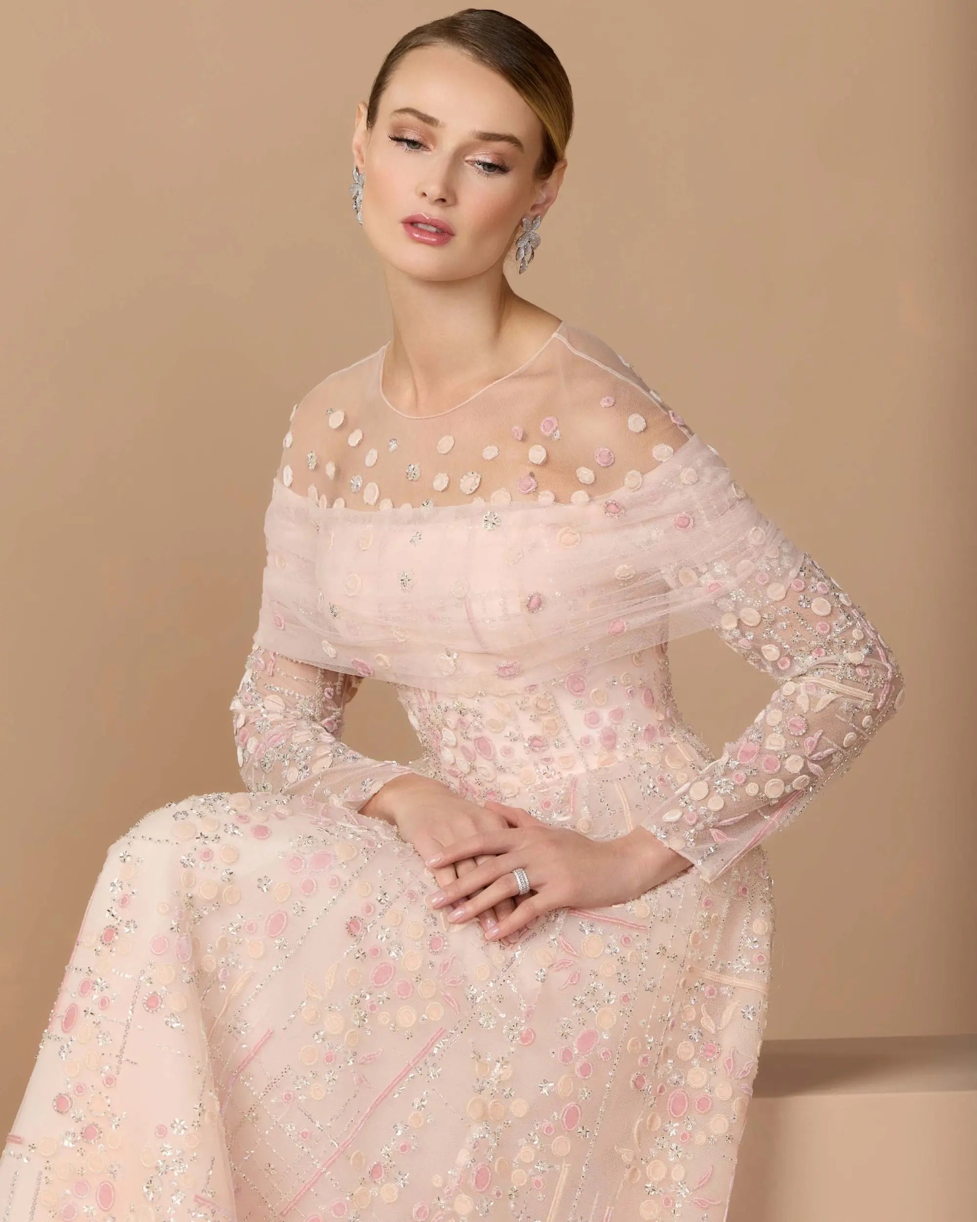Pink Off The Shoulder Embellished Long Sleeve Ball Gown-Myartka