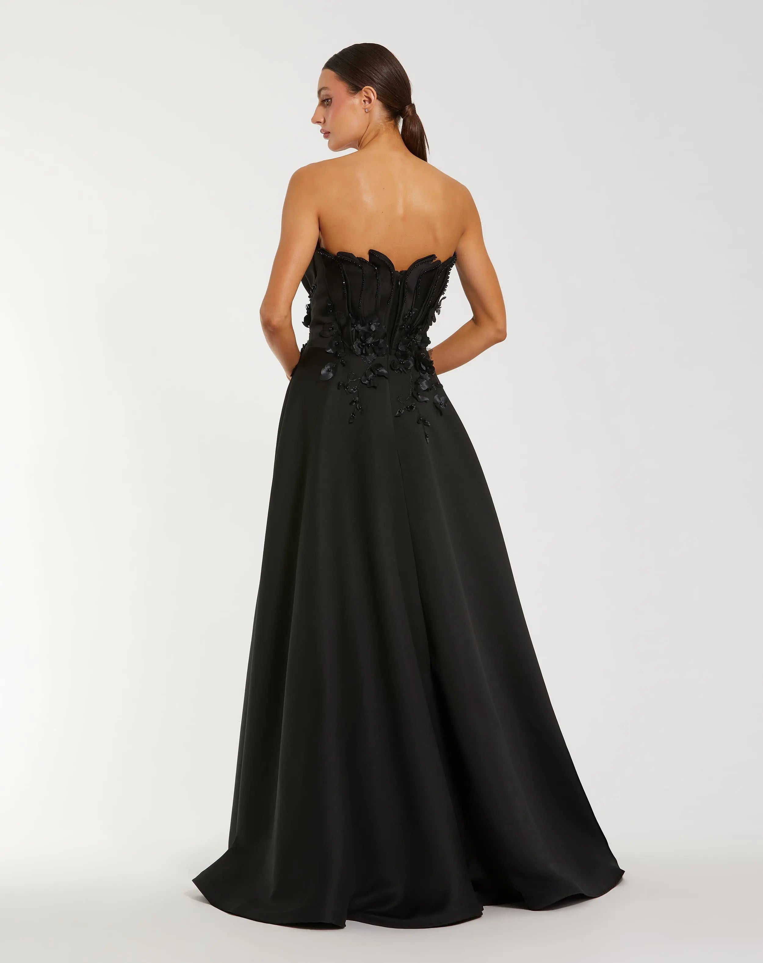 Black Strapless Satin Floral Embellished Ball Gown-Myartka