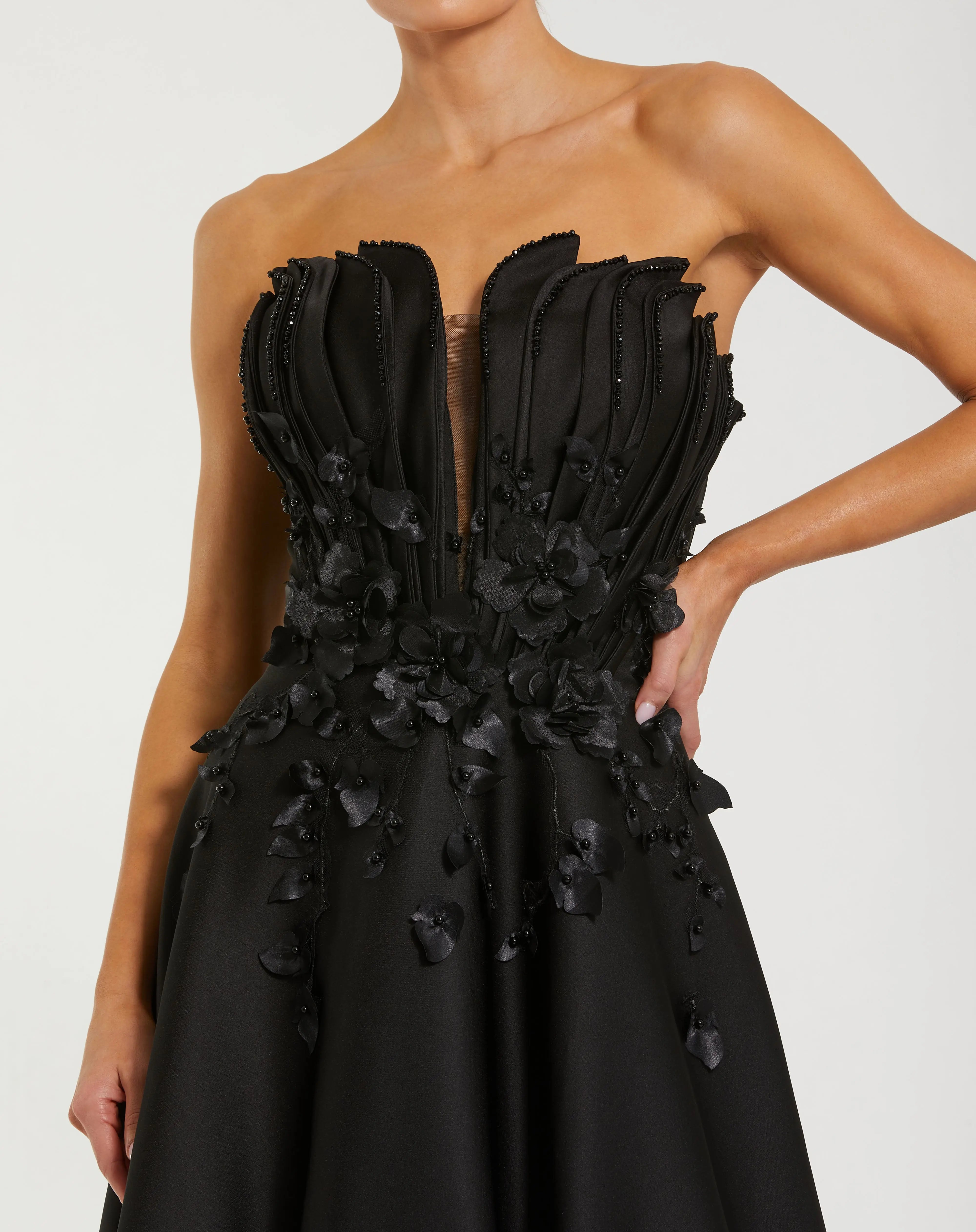 Black Strapless Satin Floral Embellished Ball Gown-Myartka