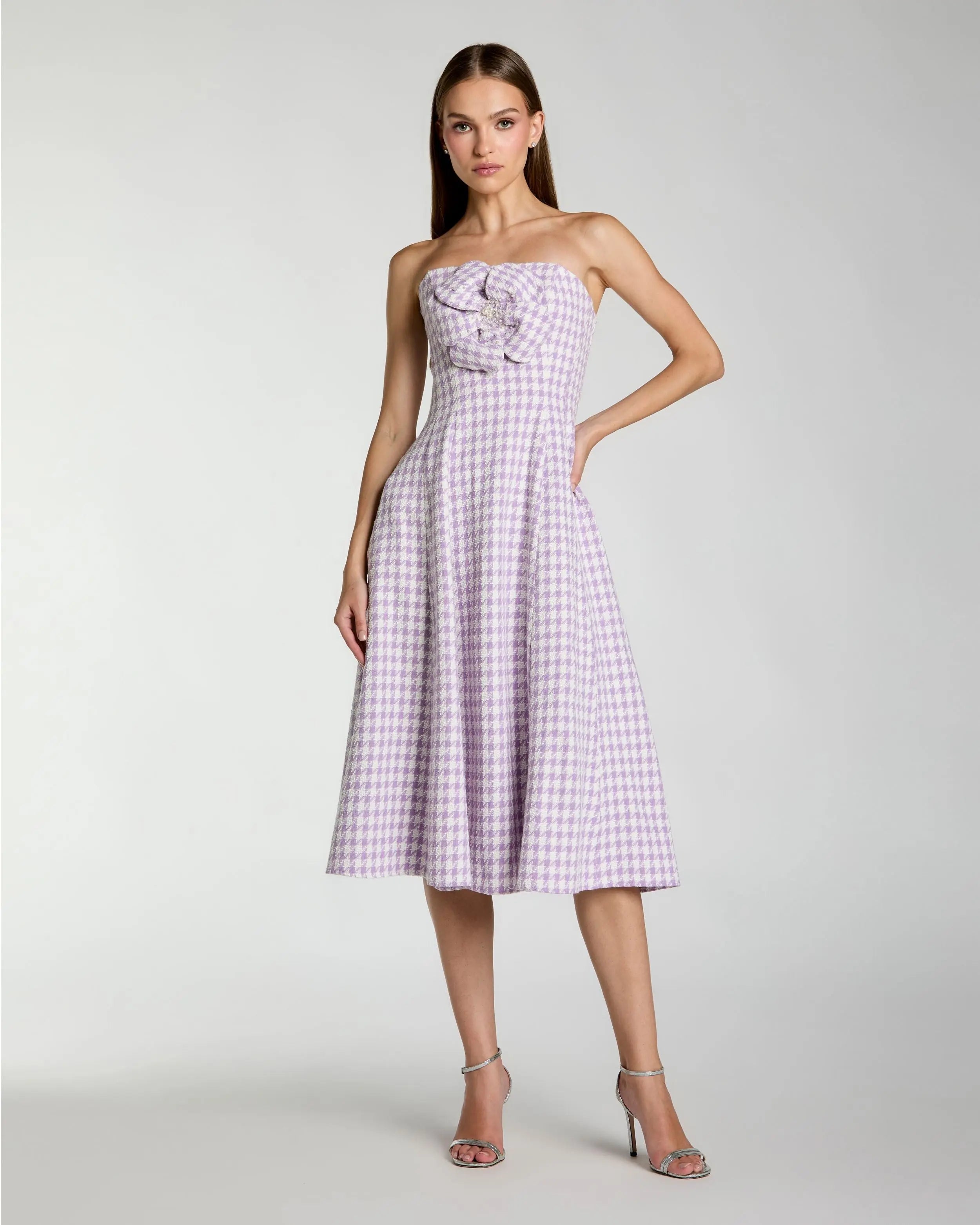 Purple Embellished Boucle Strapless Midi Dress-Myartka