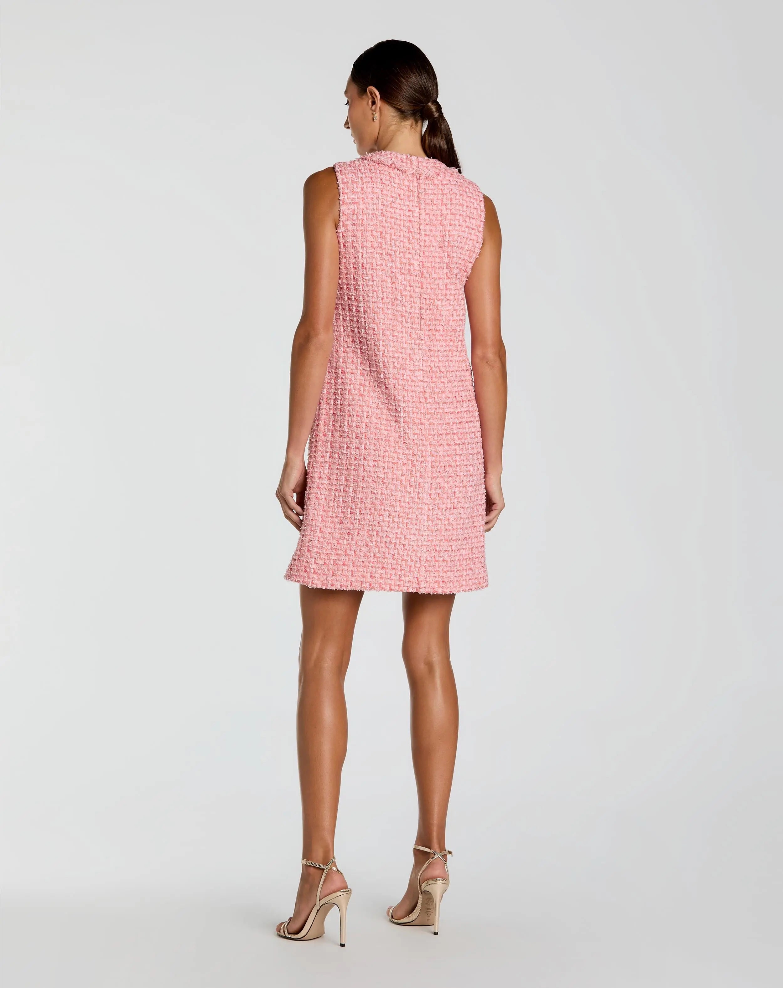 Pink Boucle Sleeveless Mini Dress with Gold Buttons-Myartka