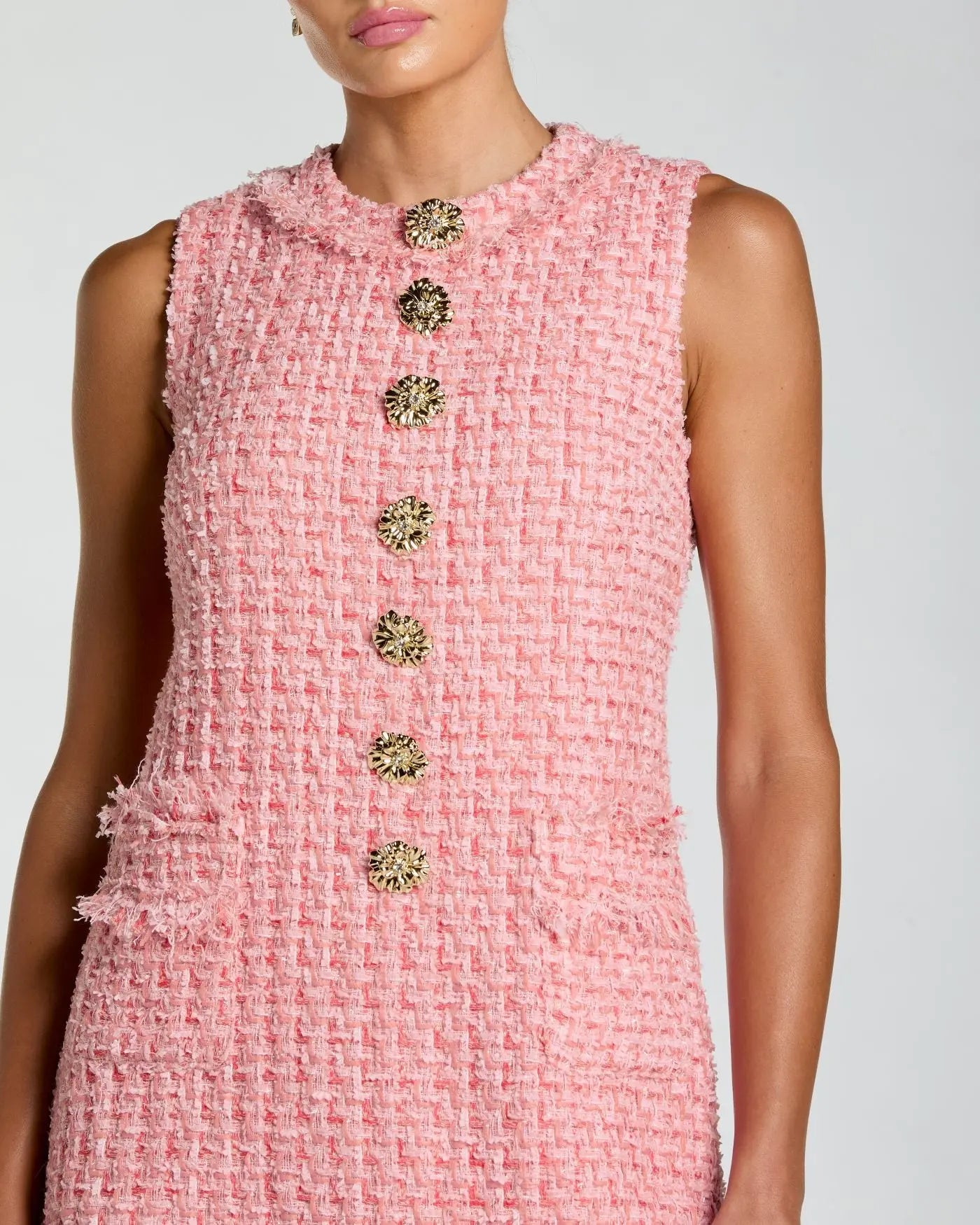 Pink Boucle Sleeveless Mini Dress with Gold Buttons-Myartka