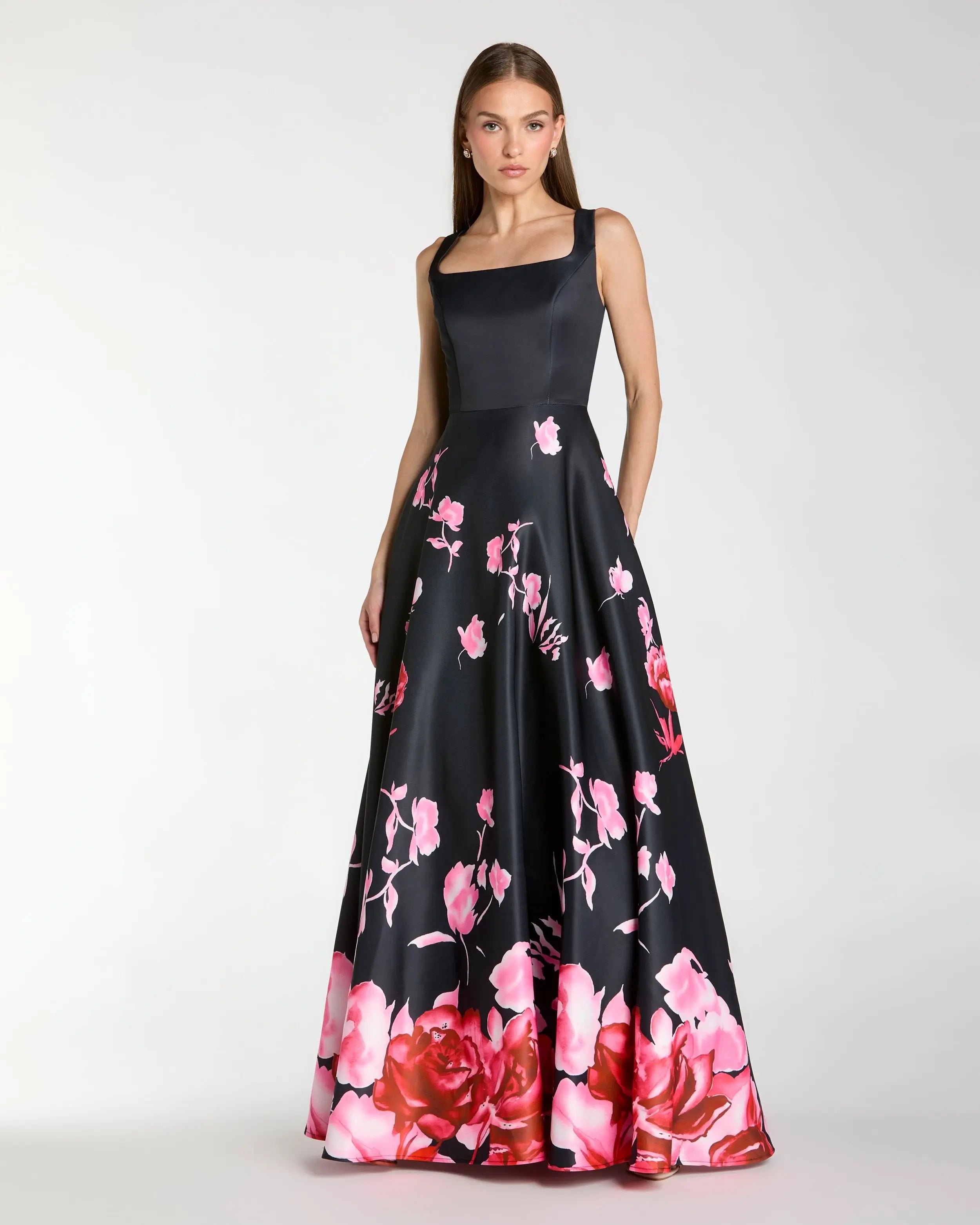 Black Square Neck Floral Print Ball Gown-Myartka