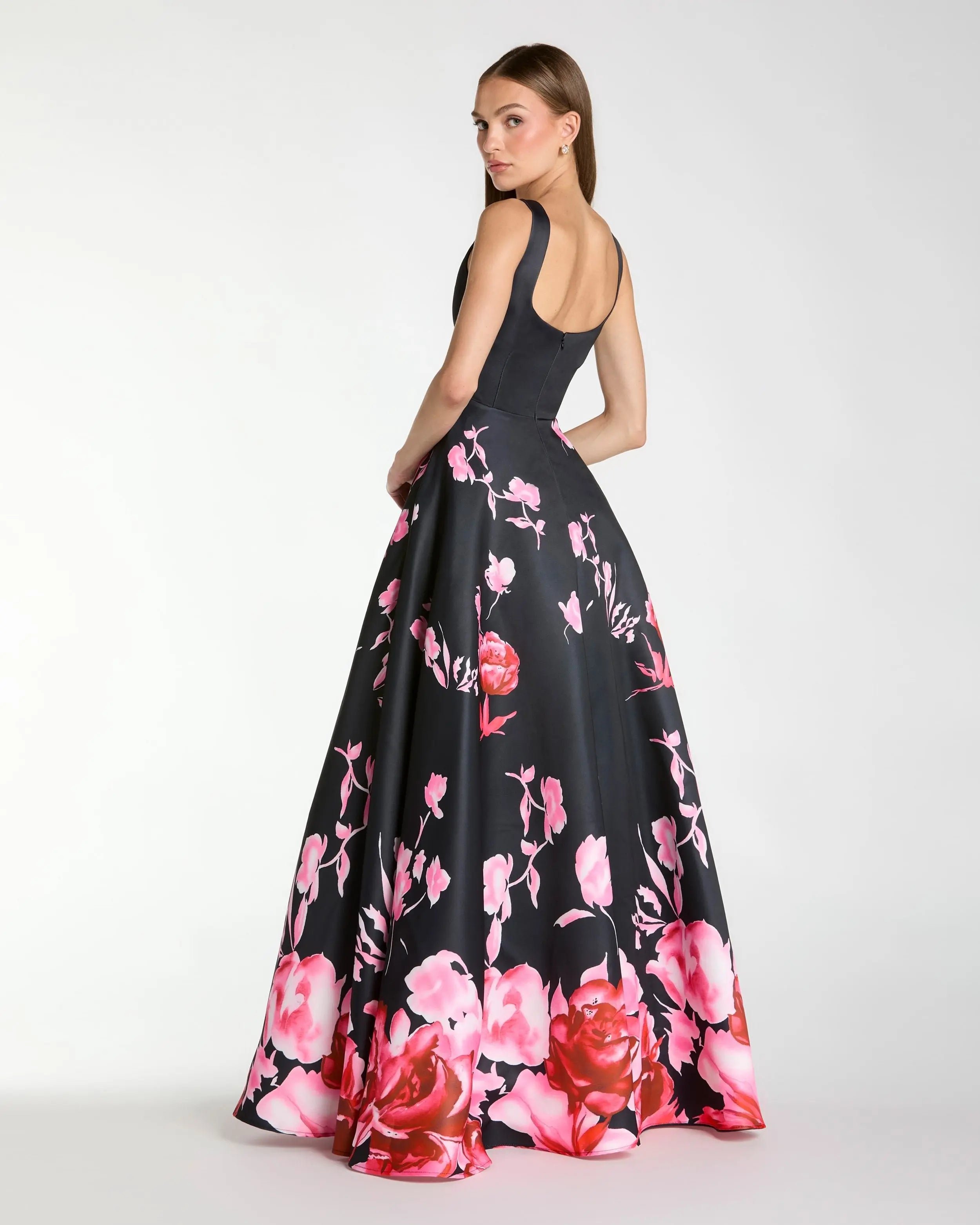 Black Square Neck Floral Print Ball Gown-Myartka