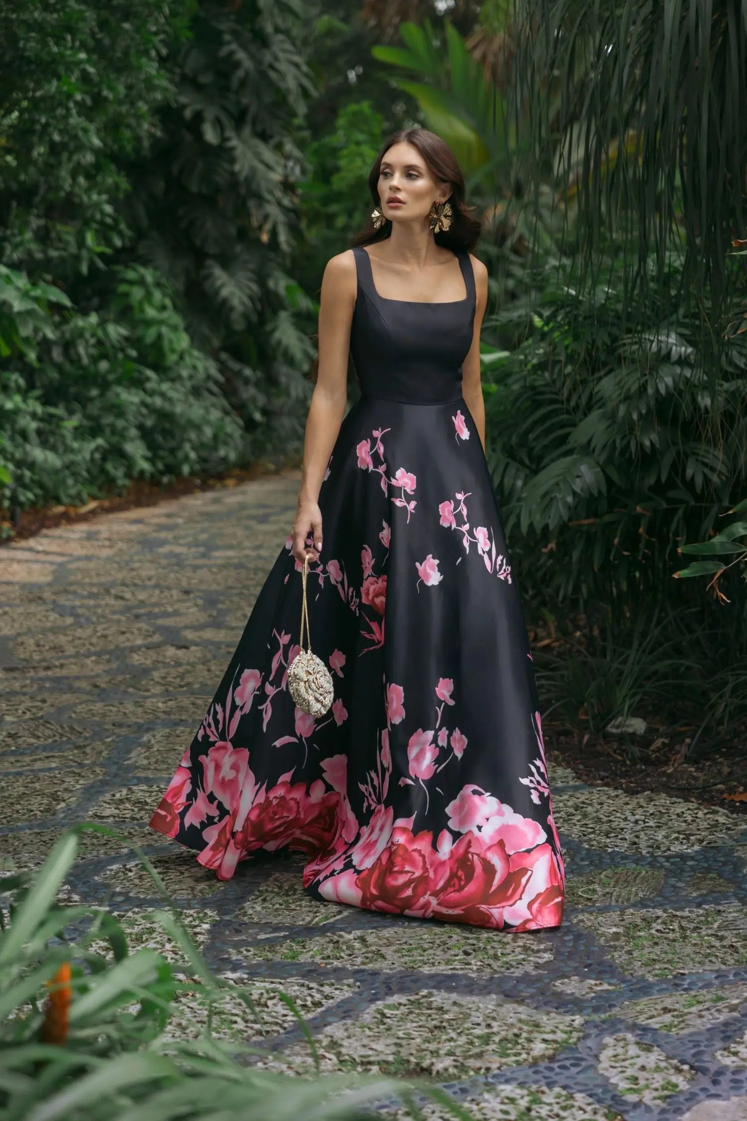 Black Square Neck Floral Print Ball Gown-Myartka