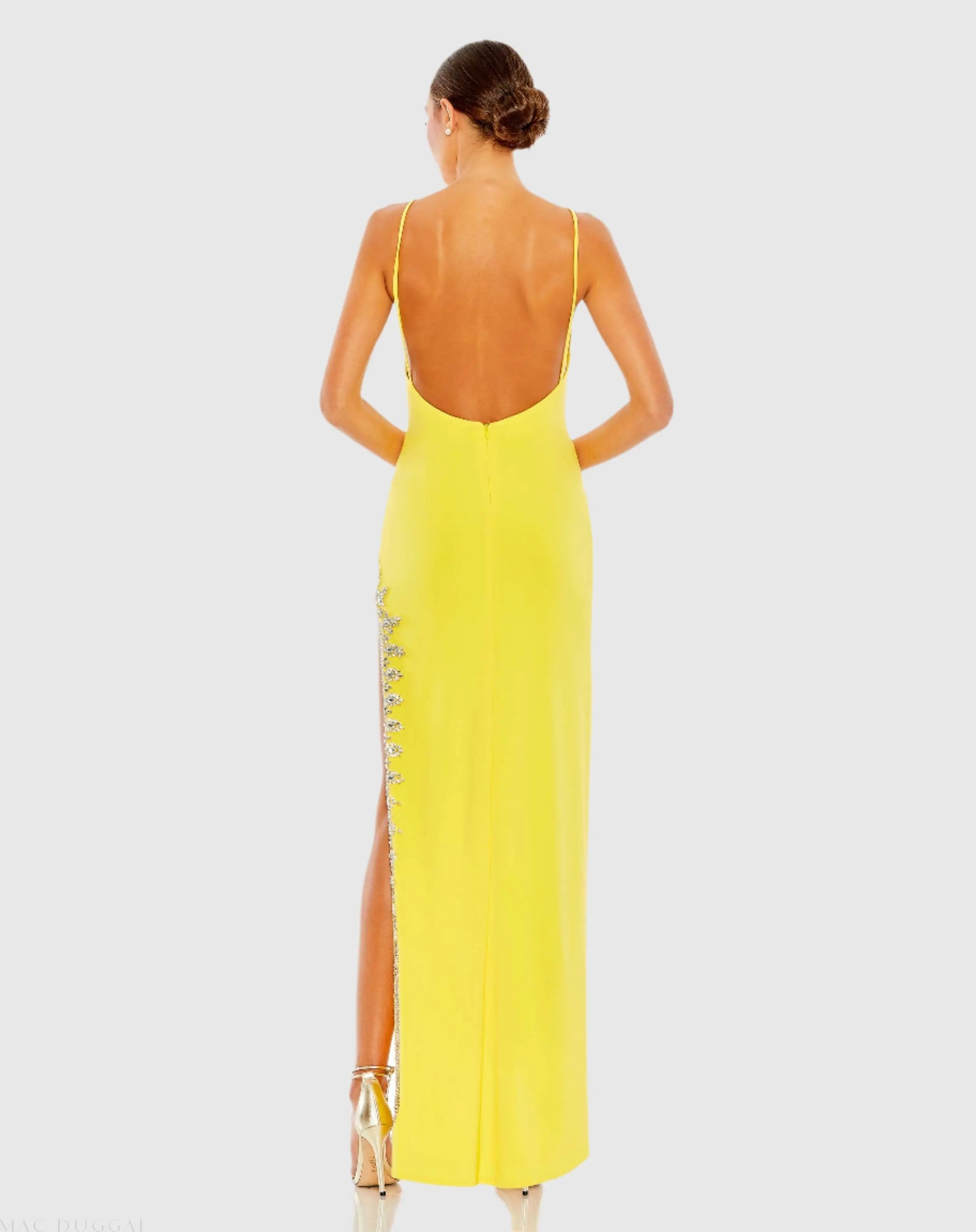 Yellow Rhinestone Encrusted Side Slit Cami Bodycon Gown-Myartka