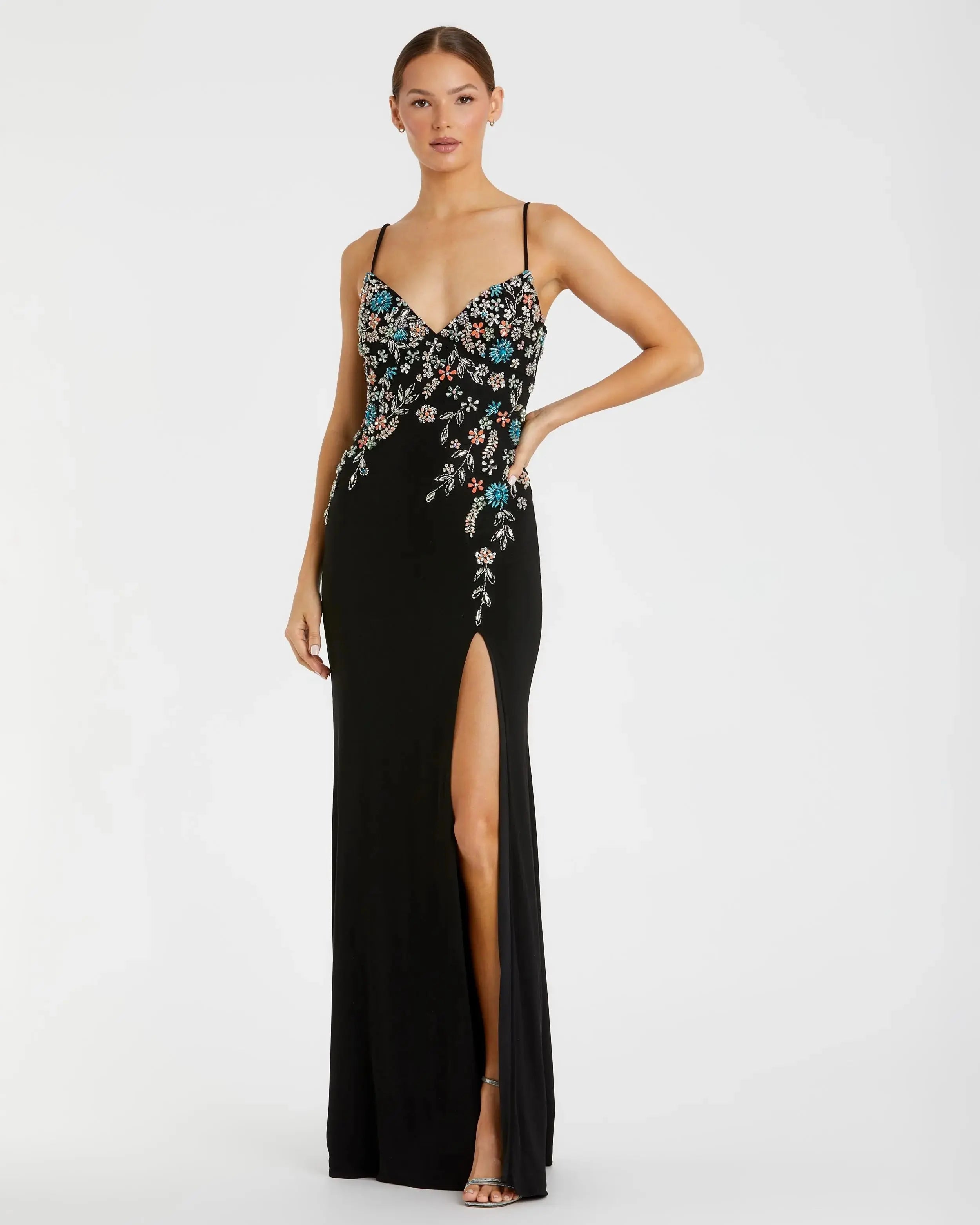 Black Multi Color Beaded Floral Cami Gown - FINAL SALE-Myartka