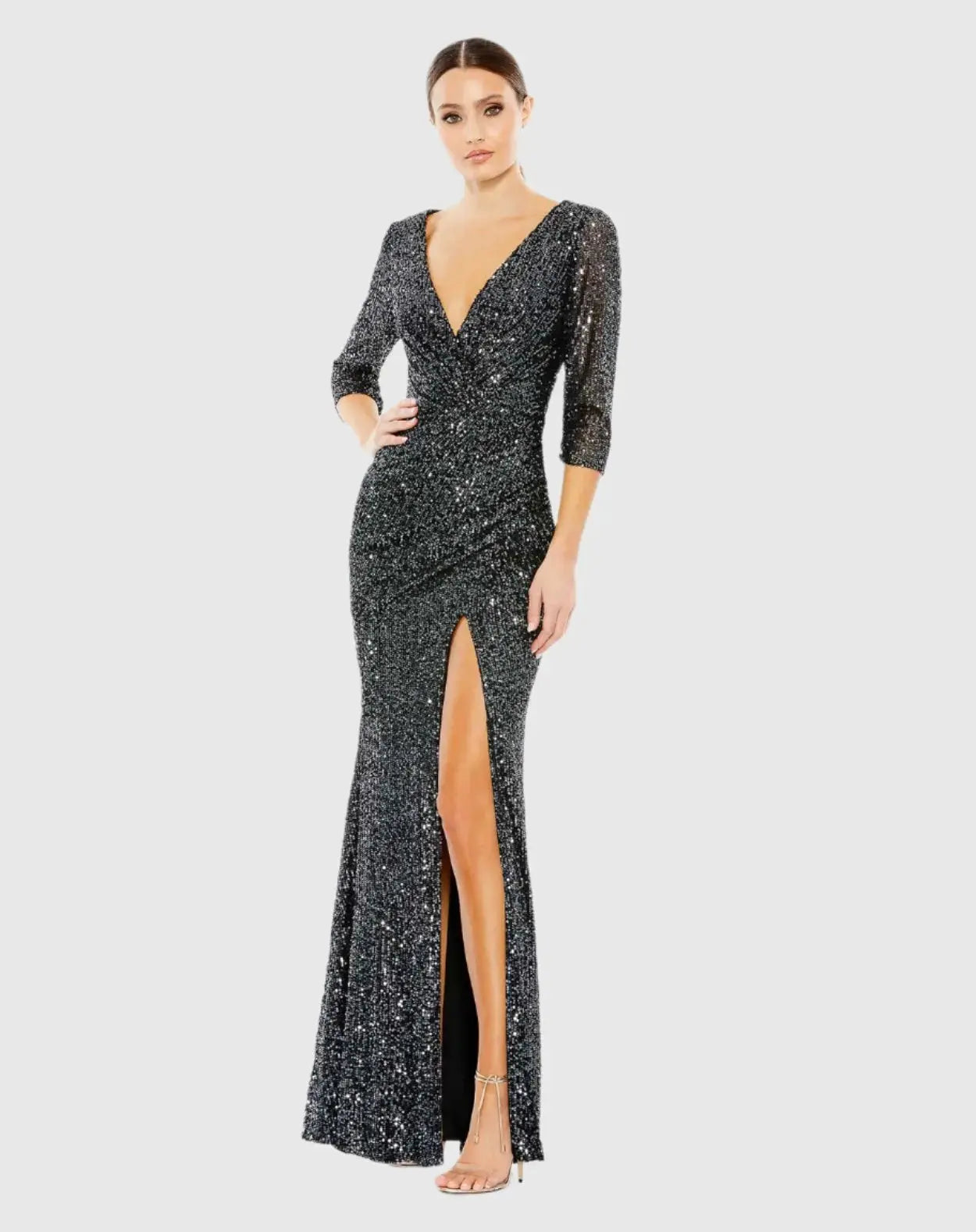 Sequined Draped 3/4 Sleeve Gown-Myartka