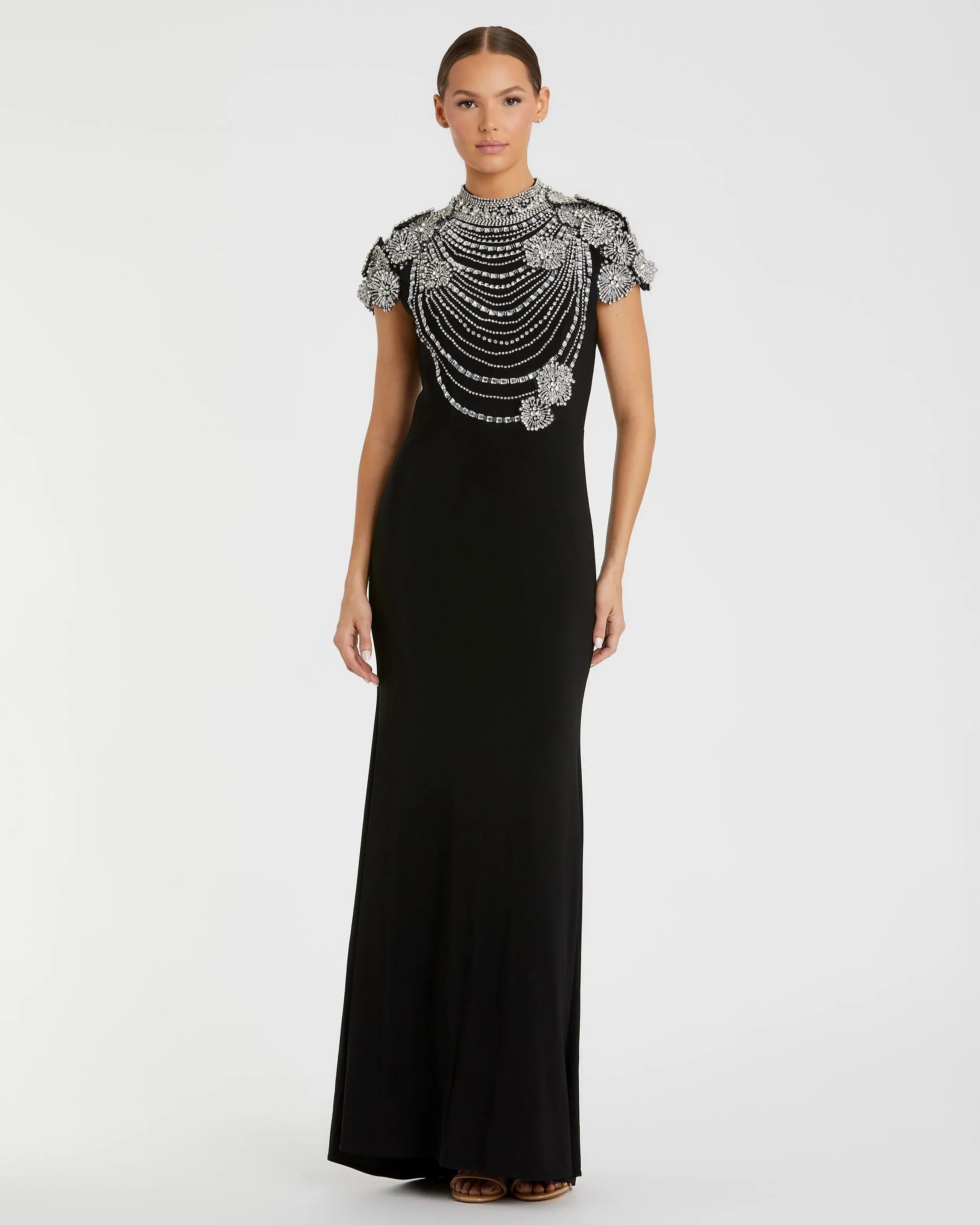 Black High Neck Embellished Column Gown-Myartka
