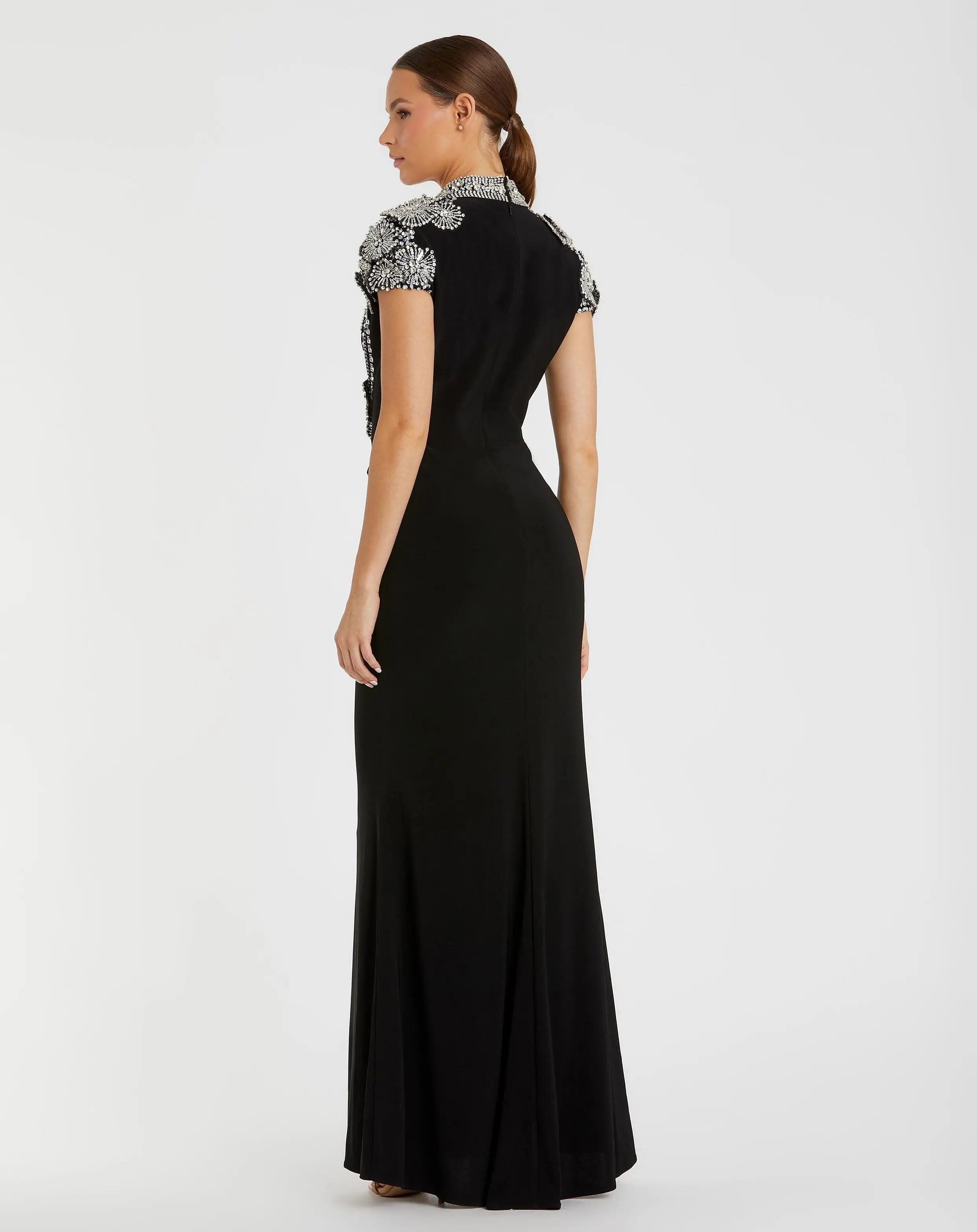 Black High Neck Embellished Column Gown-Myartka