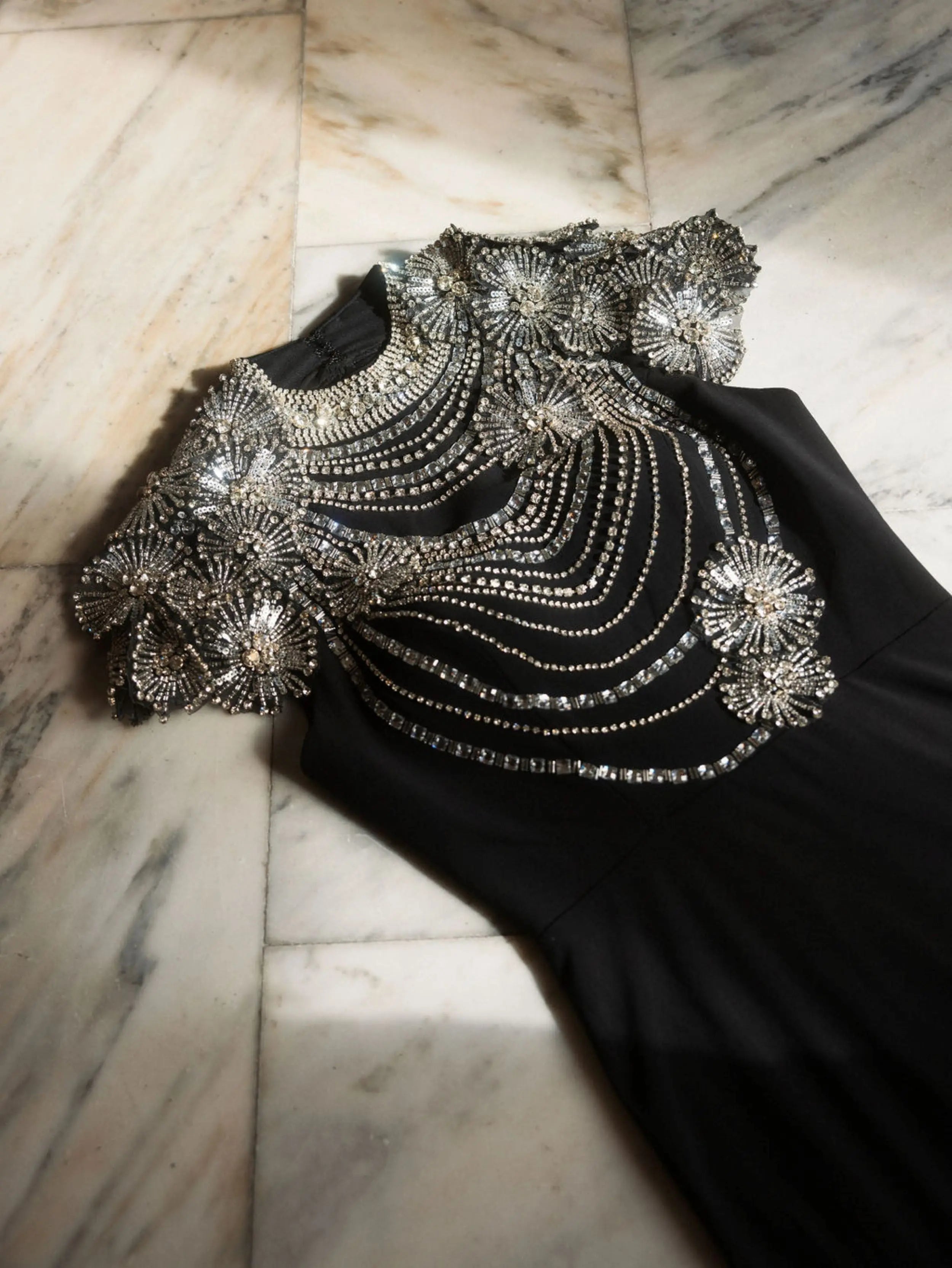 Black High Neck Embellished Column Gown-Myartka