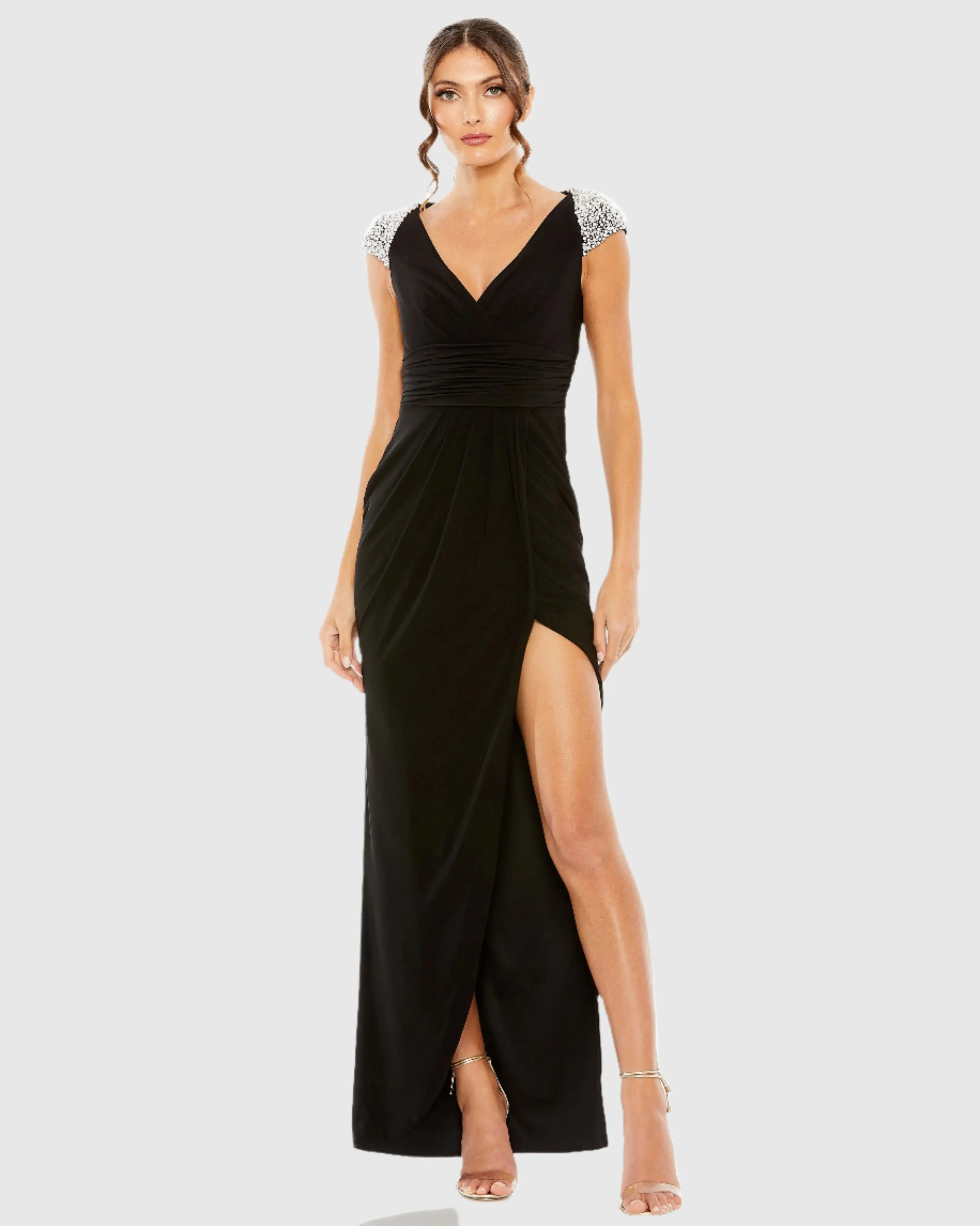 Black V Neck Embellished Cap Sleeve Faux Wrap Slit Gown-Myartka