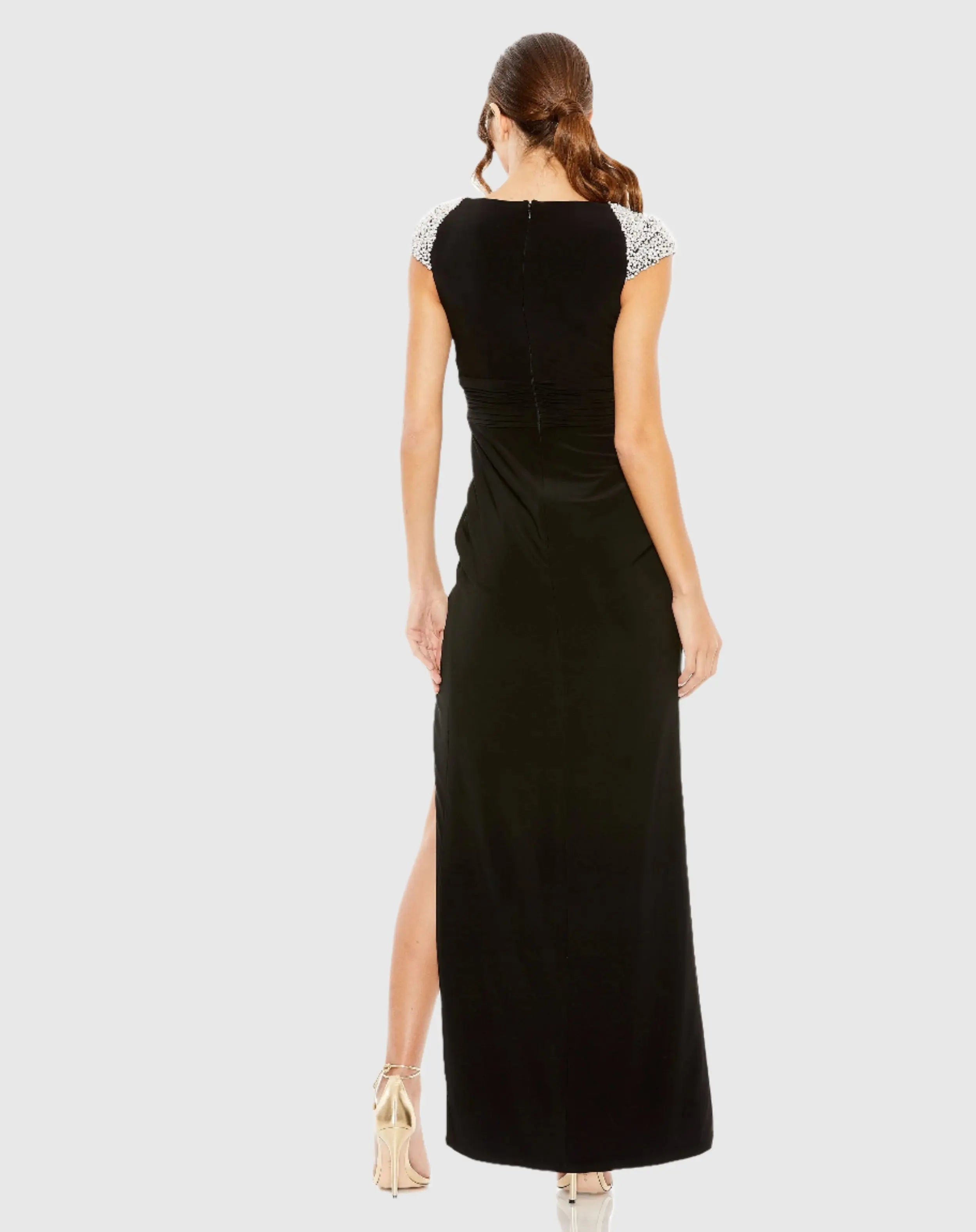 Black V Neck Embellished Cap Sleeve Faux Wrap Slit Gown-Myartka