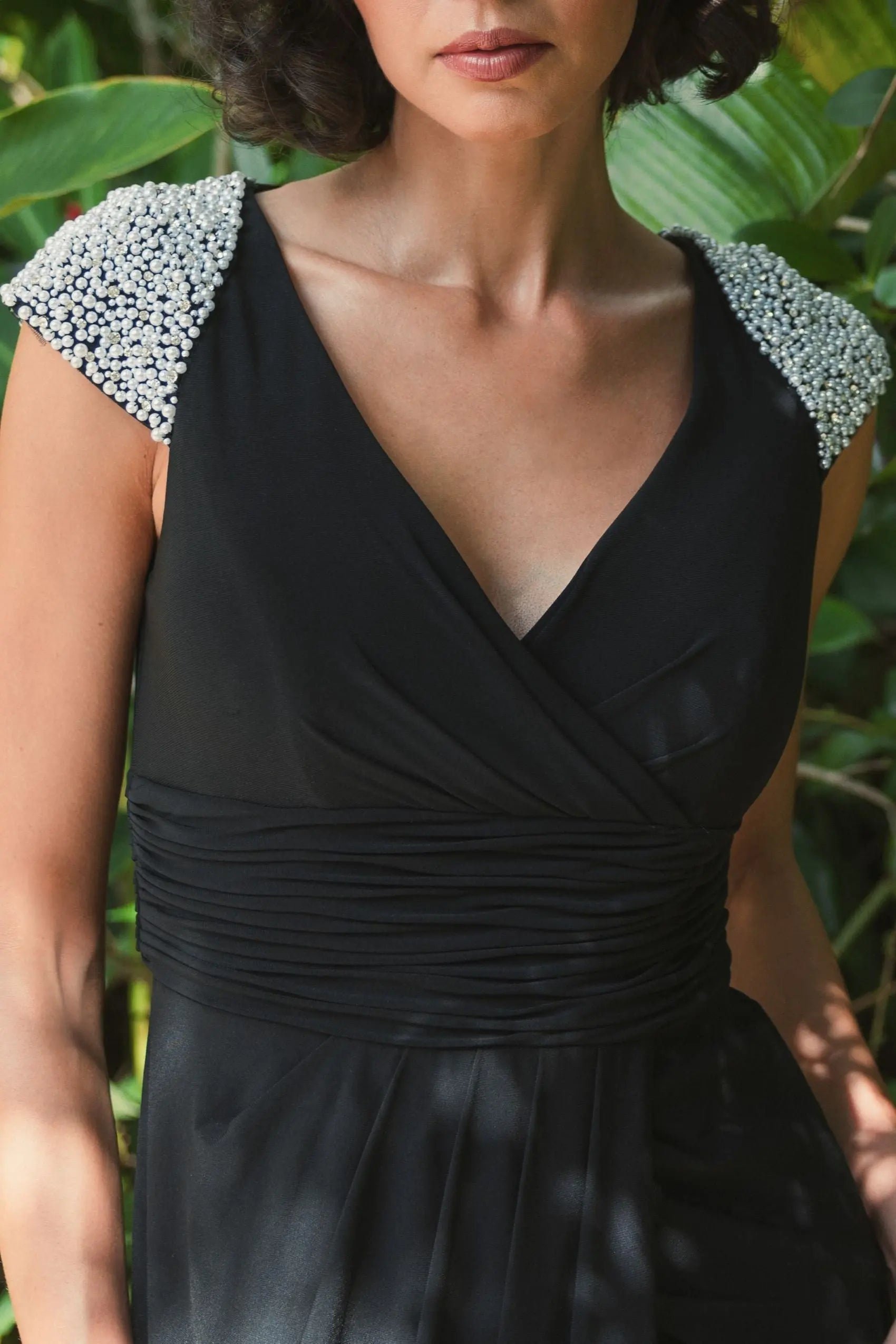 Black V Neck Embellished Cap Sleeve Faux Wrap Slit Gown-Myartka