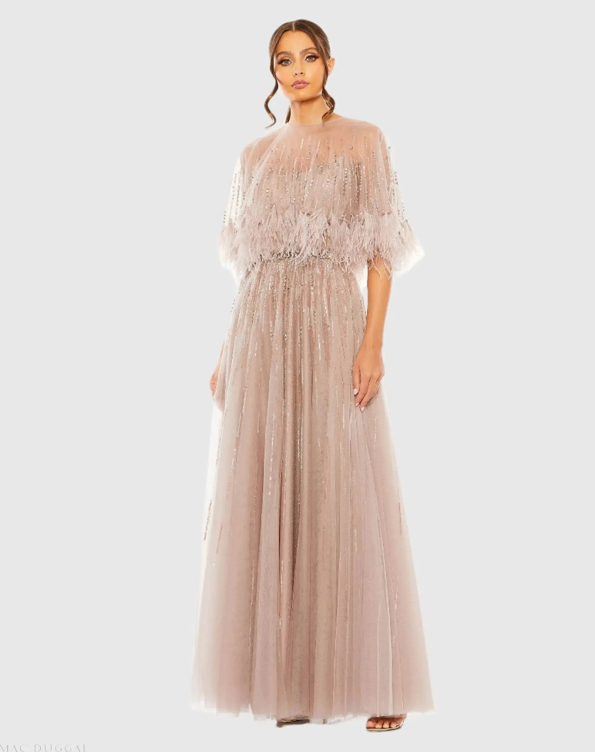 Beige Embellished A Line Gown with Feather Detail Cape-Myartka