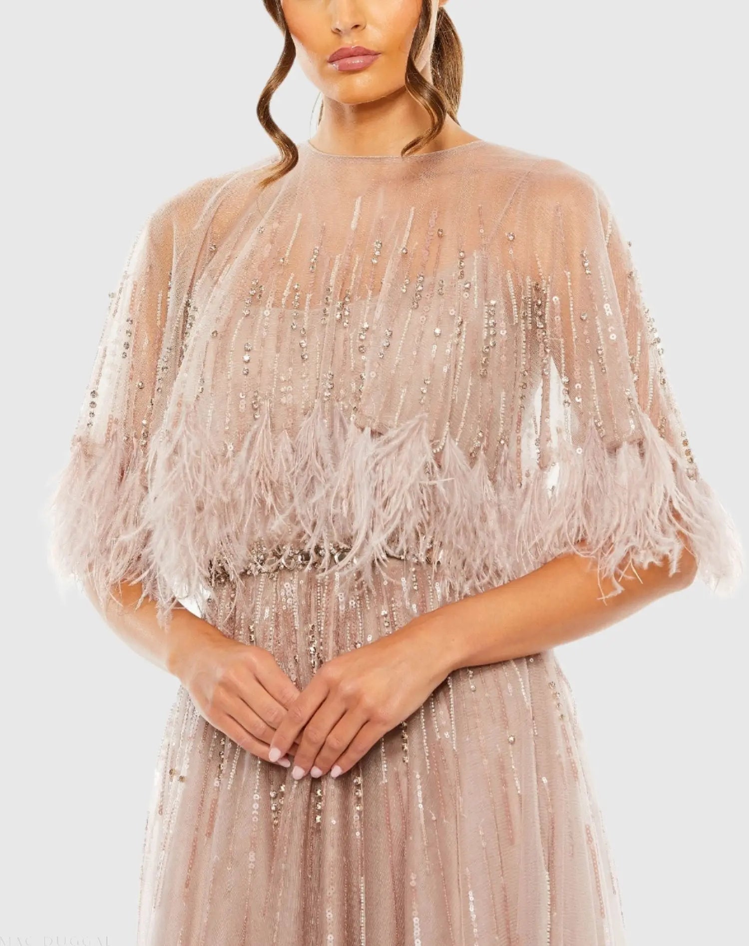 Beige Embellished A Line Gown with Feather Detail Cape-Myartka
