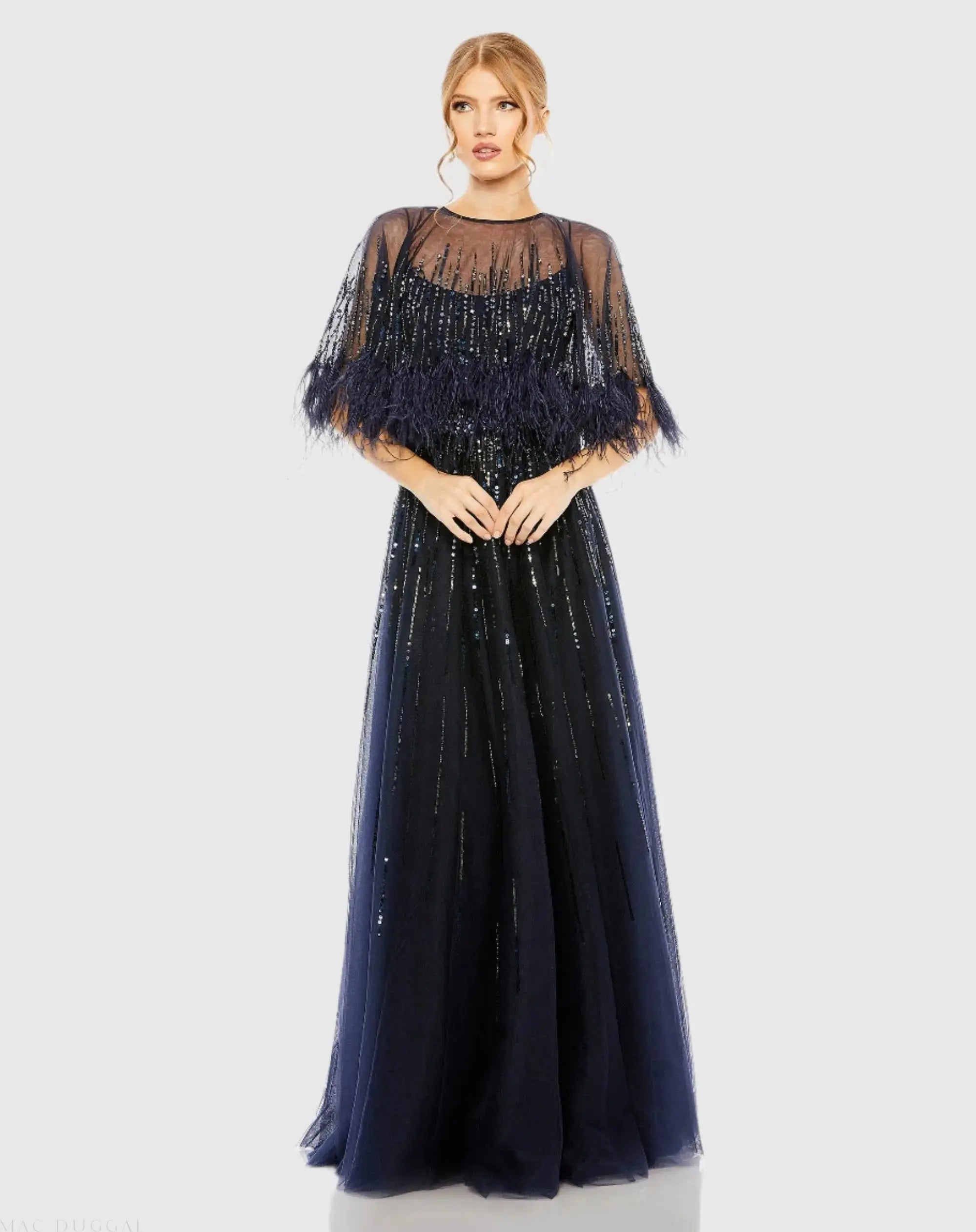 Navy Embellished A Line Gown with Feather Detail Cape-Myartka