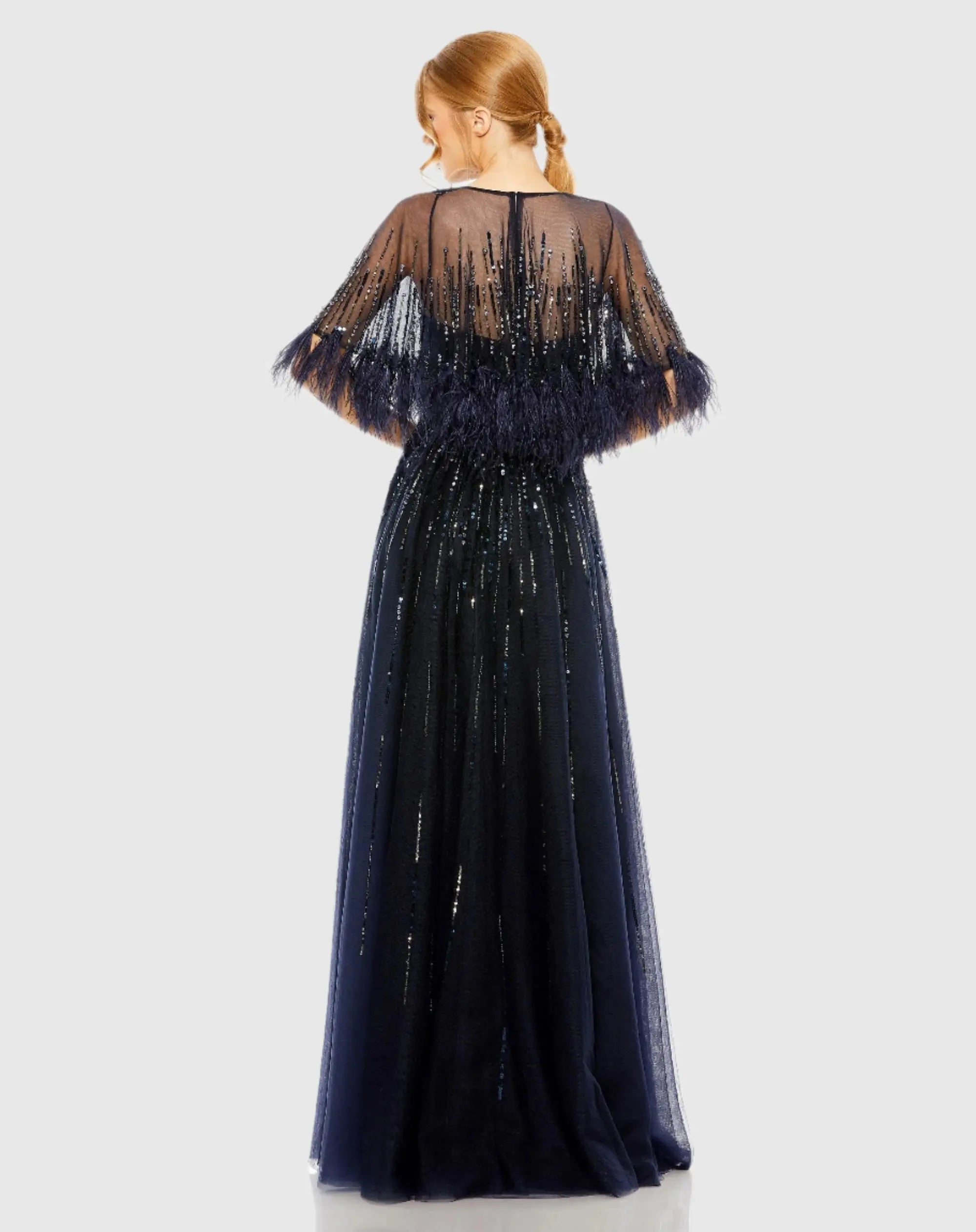 Navy Embellished A Line Gown with Feather Detail Cape-Myartka