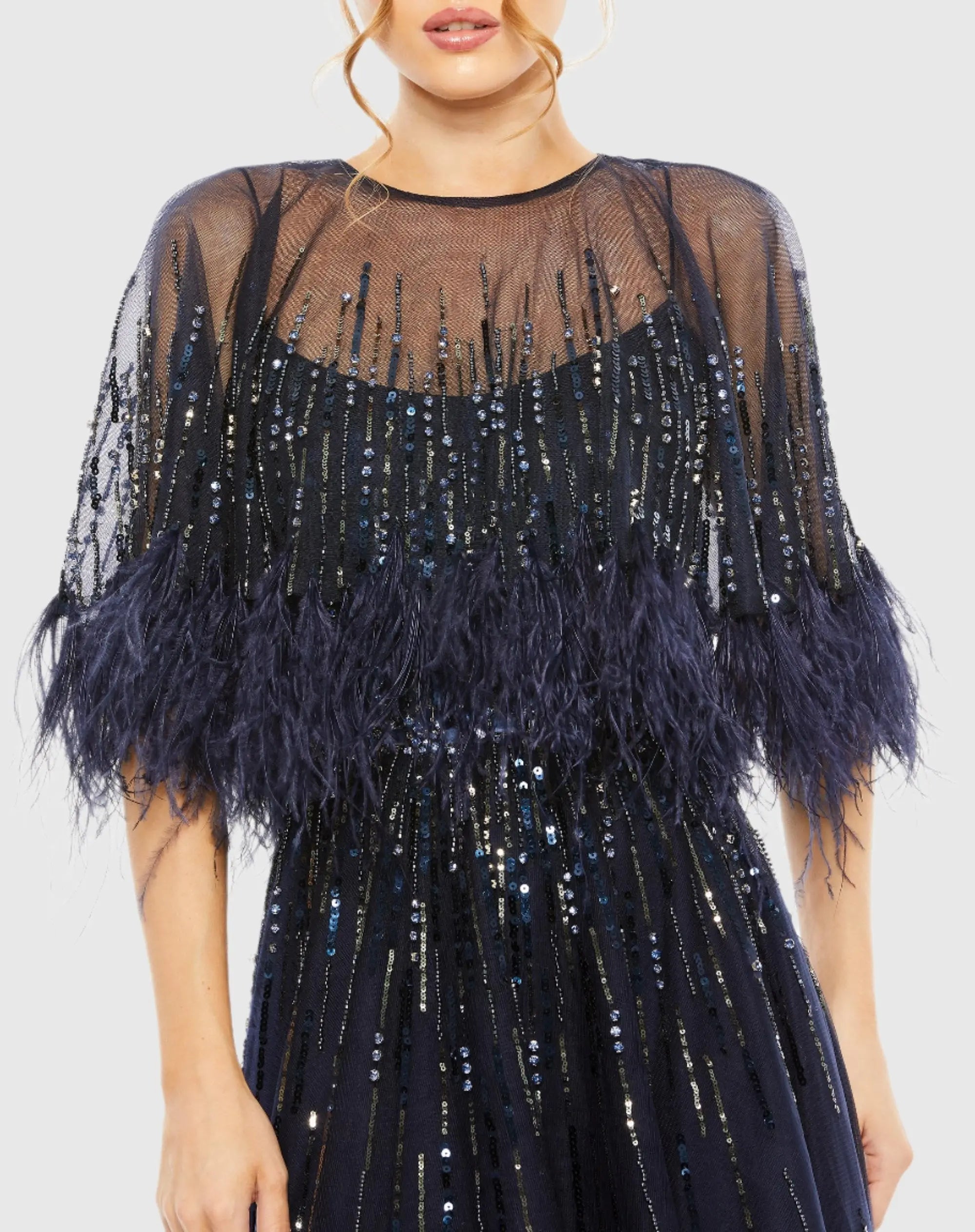 Navy Embellished A Line Gown with Feather Detail Cape-Myartka